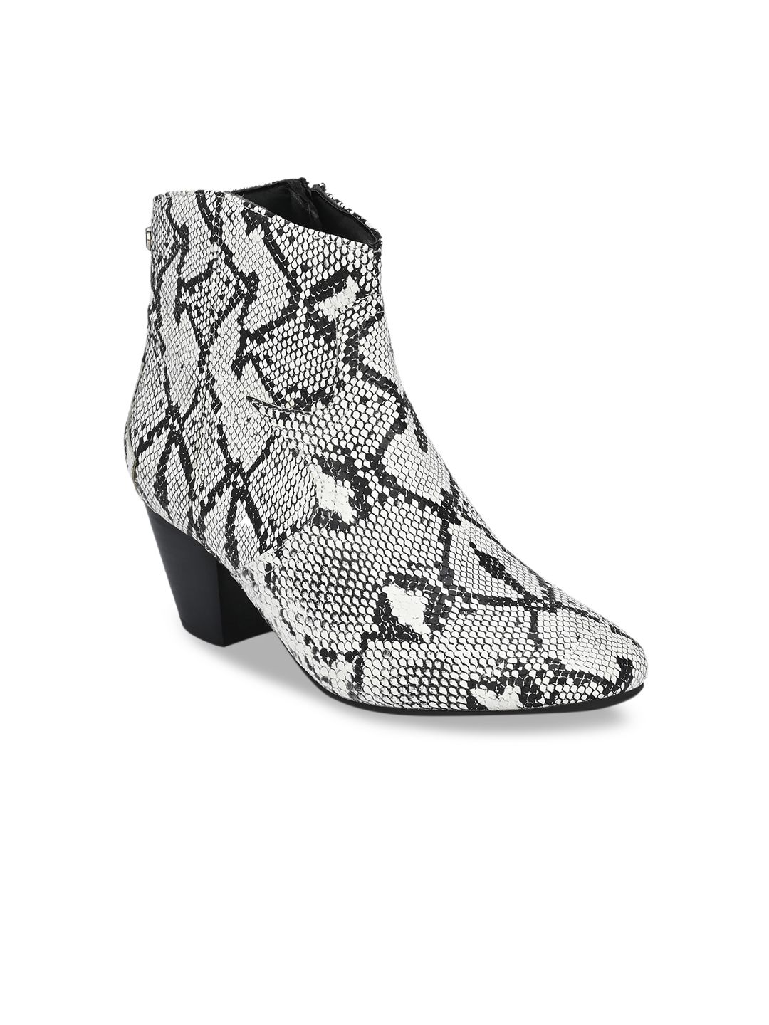 Delize Off White Snake Printed Mid-Top Block Heeled Boots Price in India