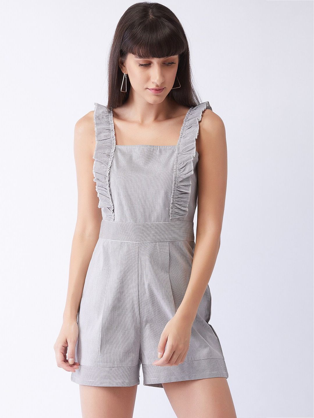 MAGRE Women Grey Stripes with Ruffles Jumpsuit Price in India