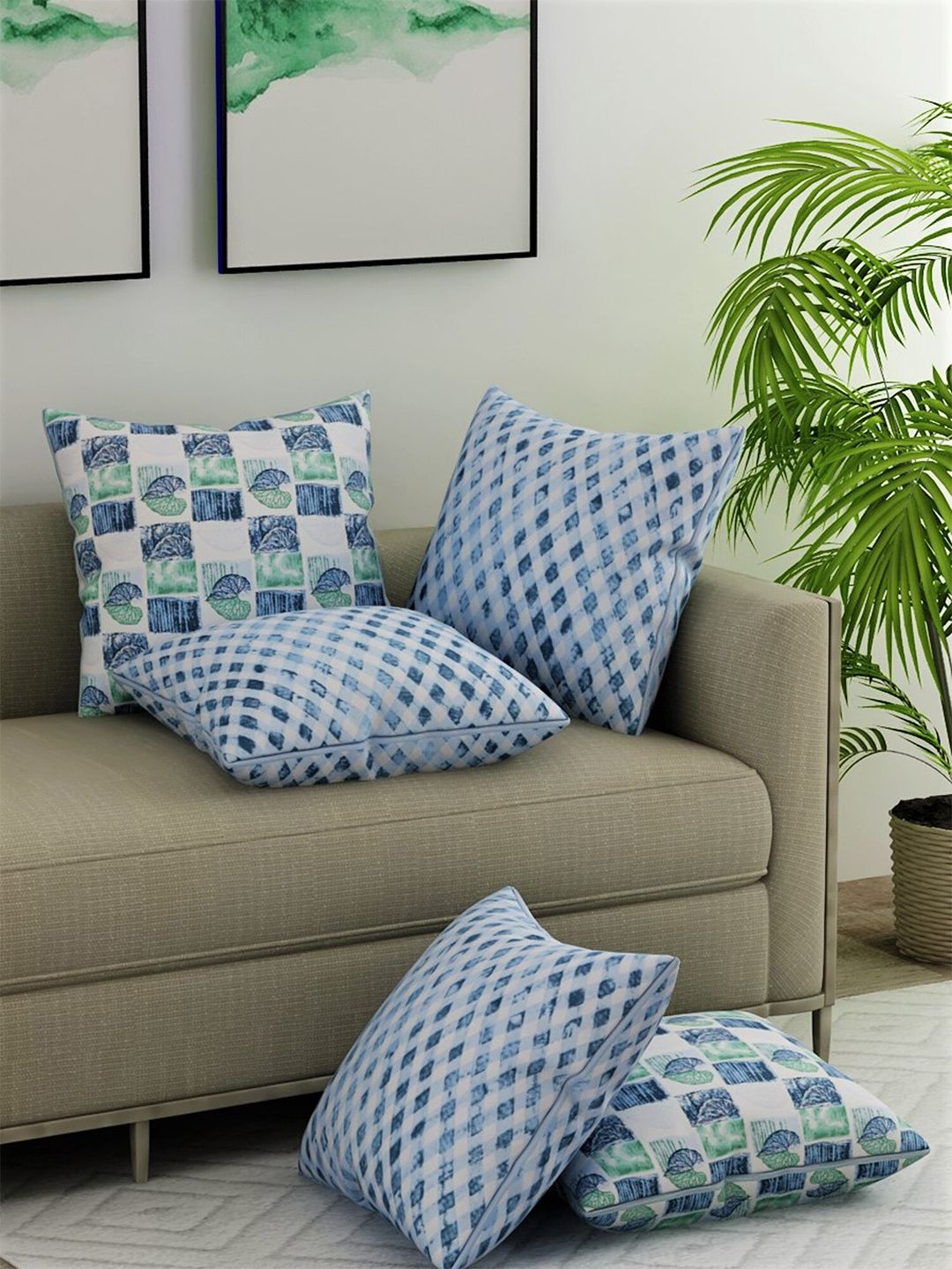 Salona Bichona Teal & White Set of 5 Abstract Satin Square Cushion Covers Price in India