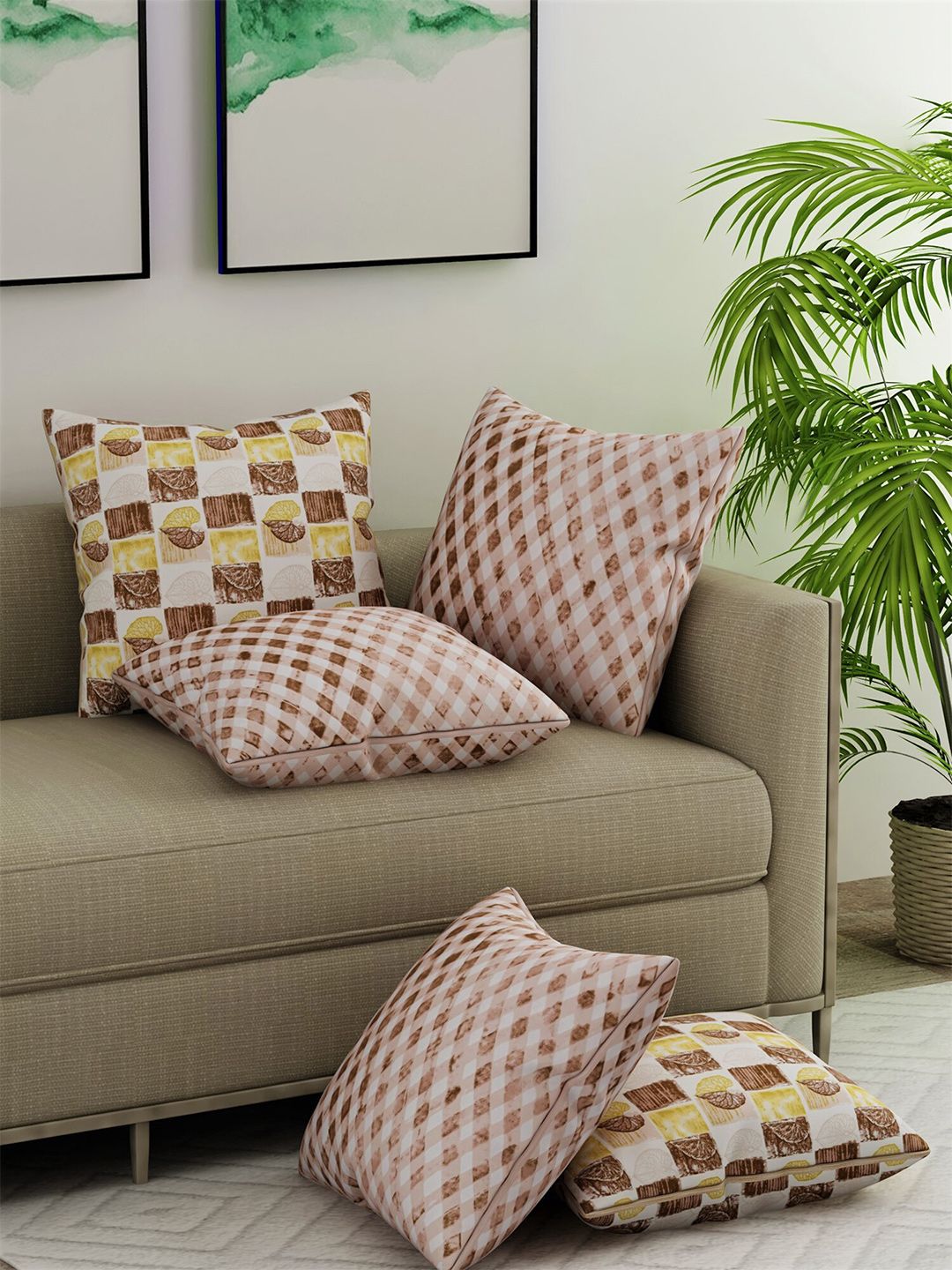 Salona Bichona Brown & White Set of 5 Striped Satin Square Cushion Covers Price in India