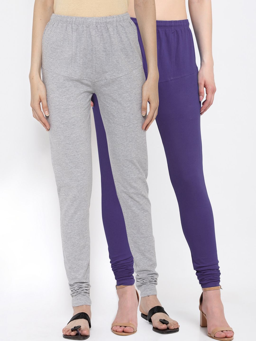 KLOTTHE Women Pack Of 2 Purple & Grey Solid Cotton Churidar-Length Leggings Price in India