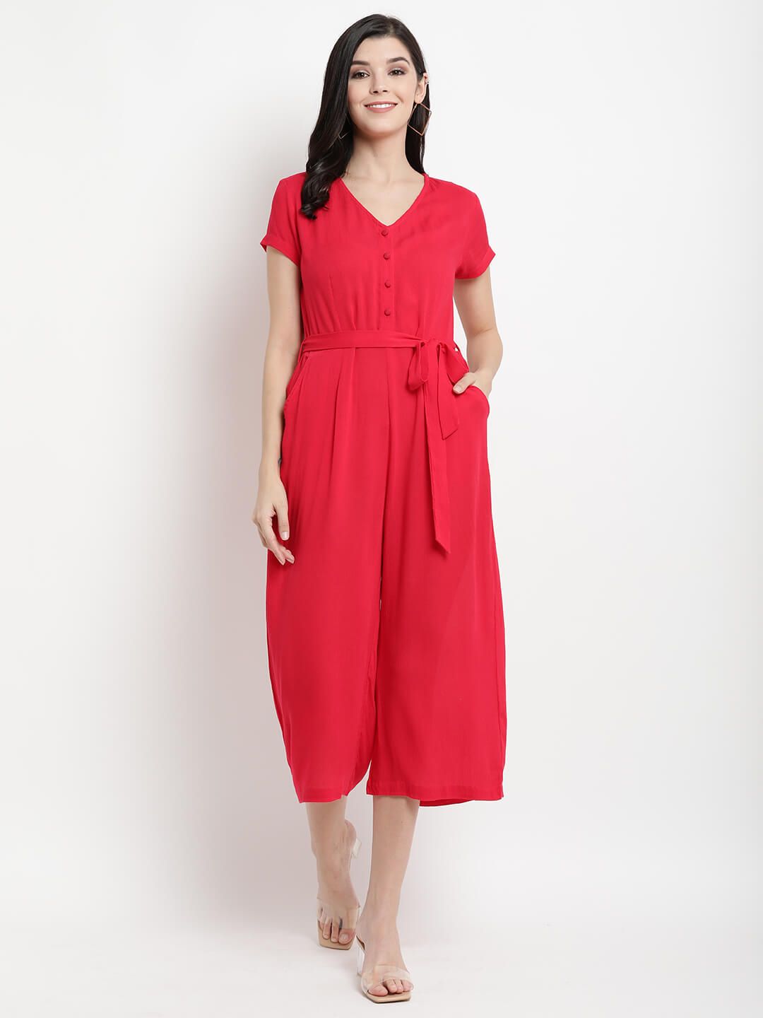 The Vanca Women Red Culotte Jumpsuit with Ruffles Price in India