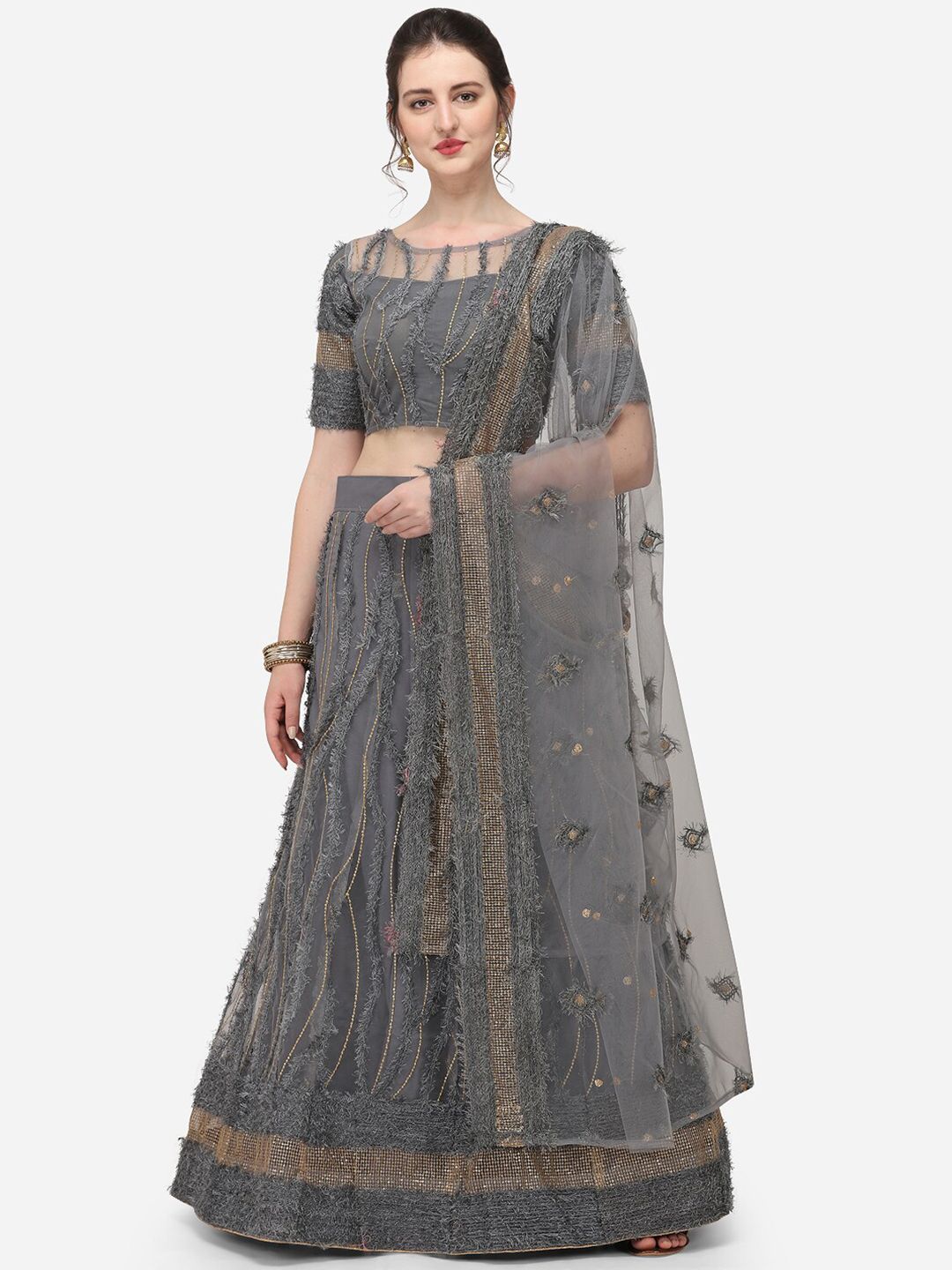 JATRIQQ Grey Net Embroidered Semi Stitched Lehenga & Unstitched Blouse with Dupatta Price in India