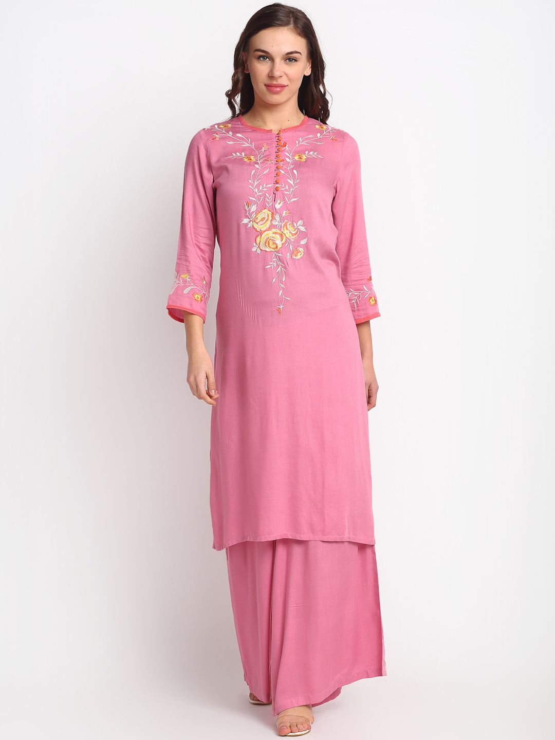 REME Women Pink Embroidered Kurti with Palazzos & With Dupatta