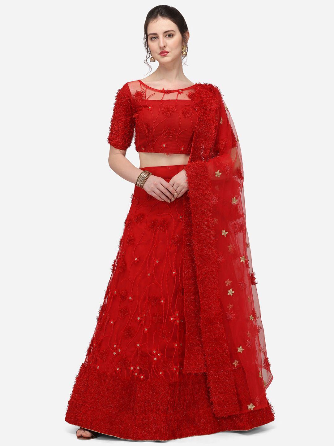 JATRIQQ Red Sequinned Semi-Stitched Lehenga & Unstitched Blouse With Dupatta Price in India
