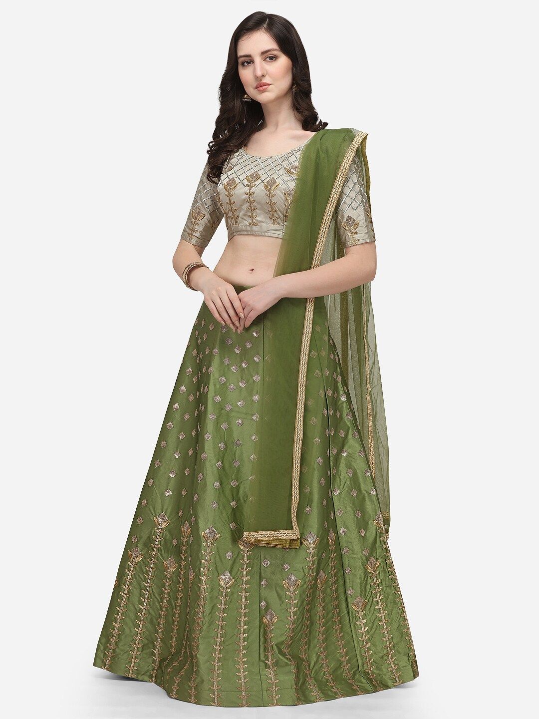 JATRIQQ Green & Off White Semi-Stitched Lehenga & Unstitched Blouse With Dupatta Price in India