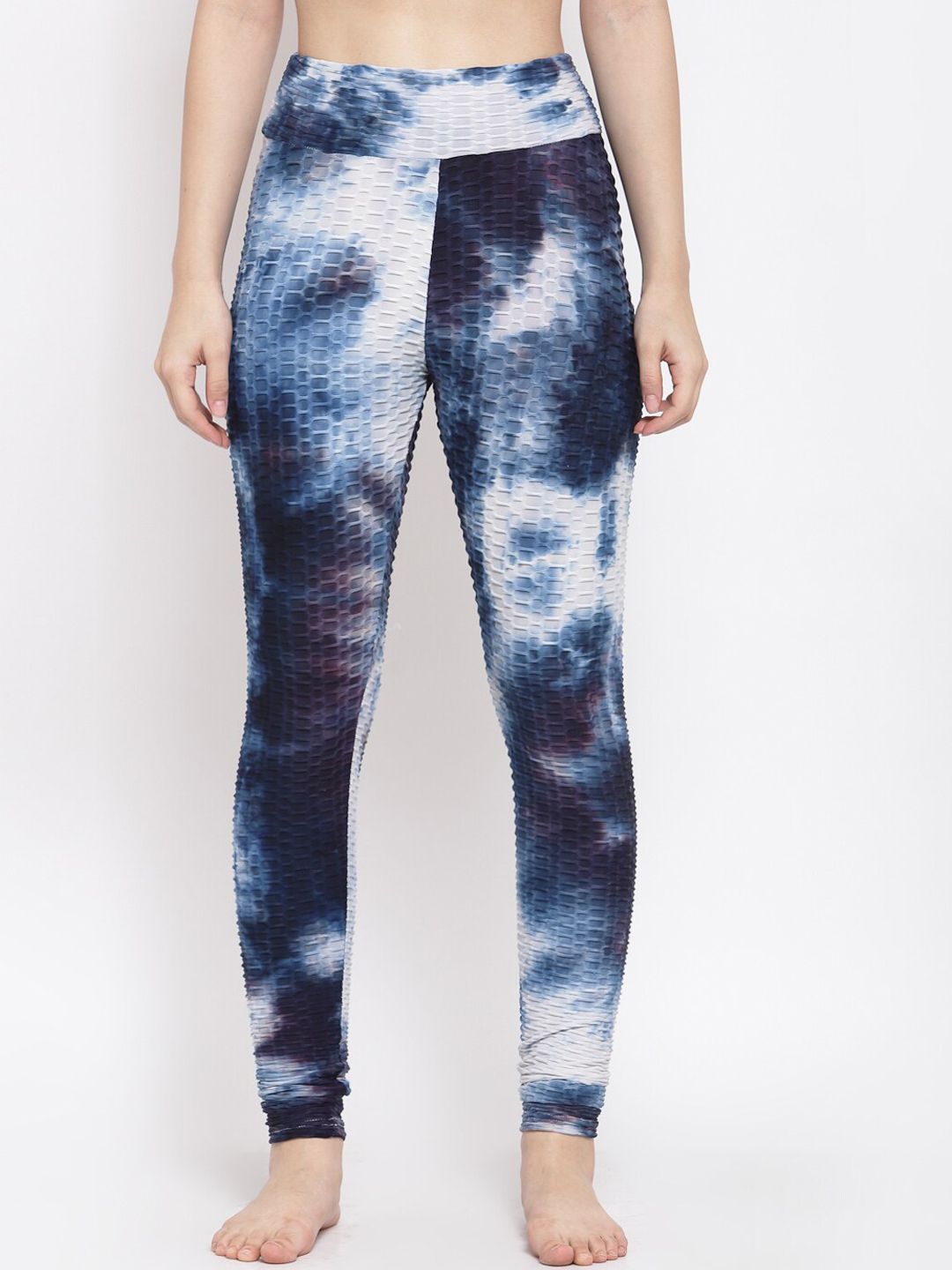 iki chic Women Navy Blue & White Tie Dye High Waist Yoga Tights Price in India