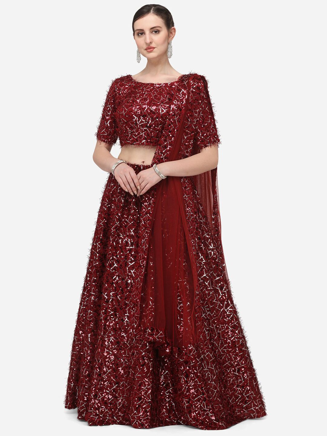 JATRIQQ Maroon Embellished Semi-Stitched Lehenga & Unstitched Blouse with Dupatta