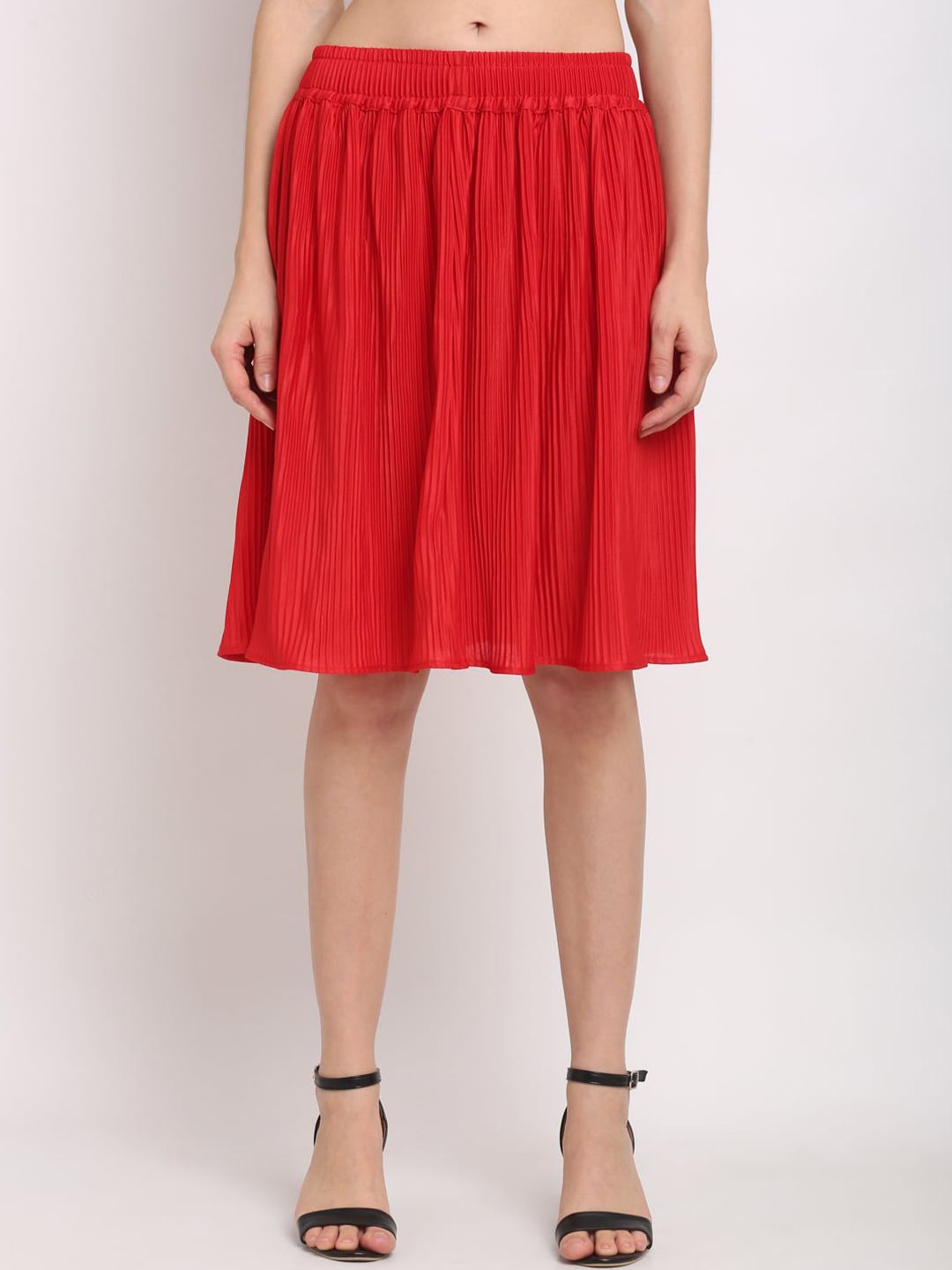 NEUDIS Women Red Solid Accordion Pleated Flared Knee-Length Skirt