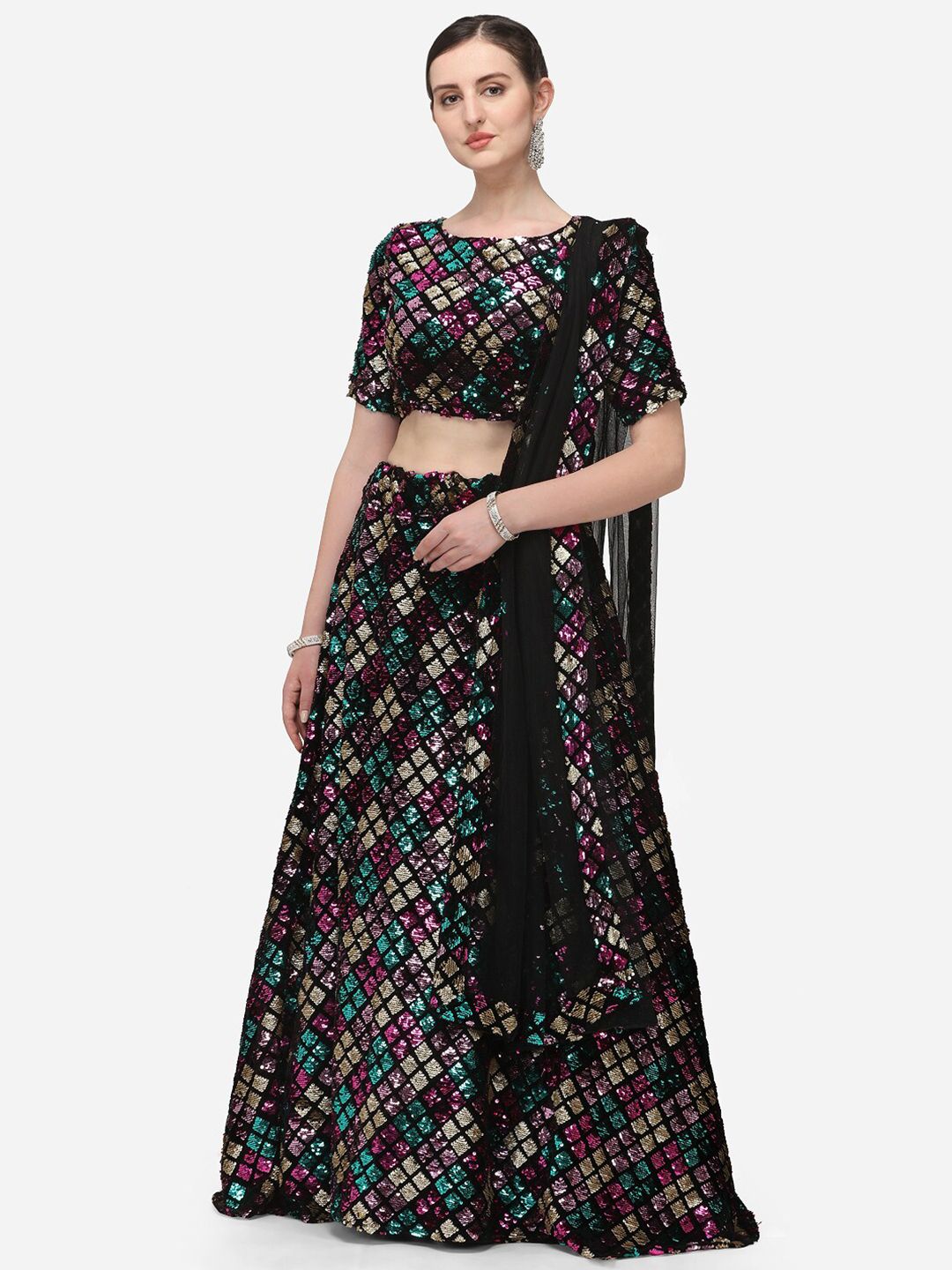 JATRIQQ Black Embroidered Sequinned Ready to Wear Lehenga & Unstitched Blouse With Dupatta Price in India