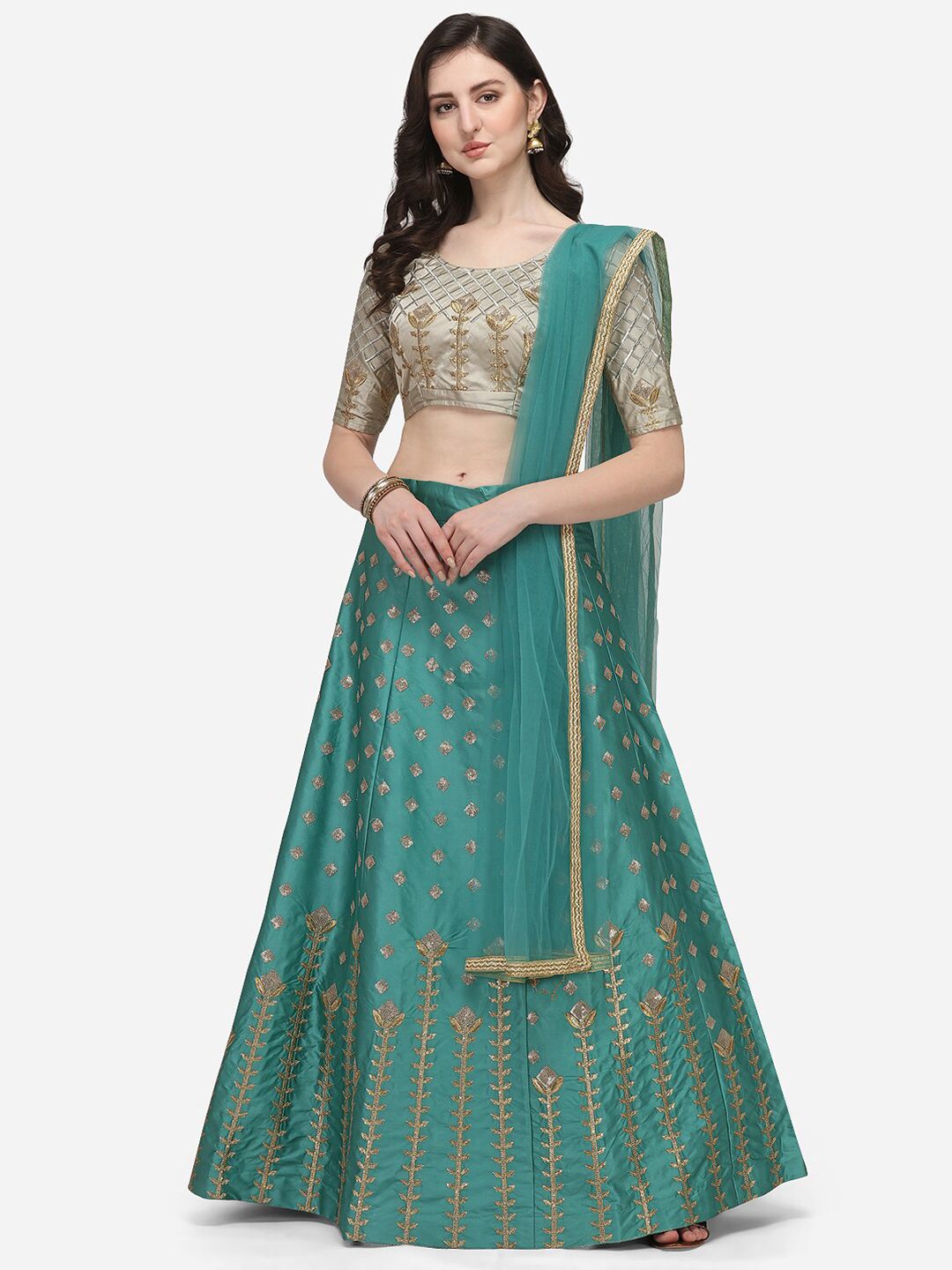 JATRIQQ Green & Grey Embroidered Sequinned Semi-Stitched Lehenga & Unstitched Blouse With Dupatta Price in India