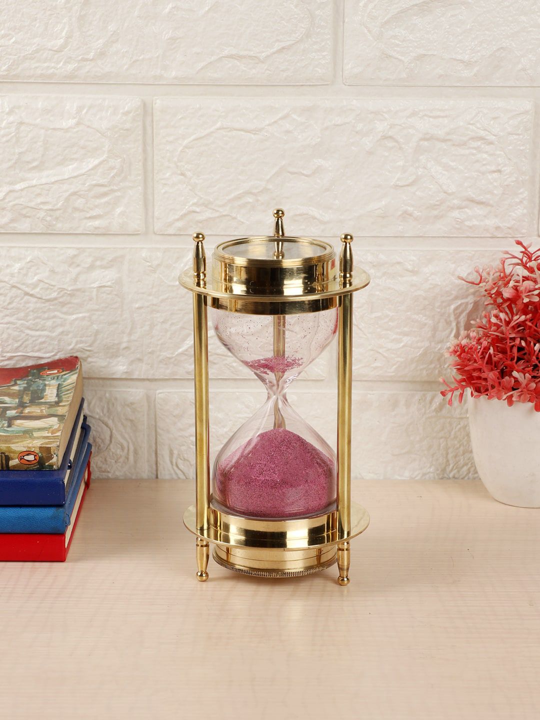 EXIM DECOR Gold-Toned & Pink Sand Timer With Both Side Compass Price in India