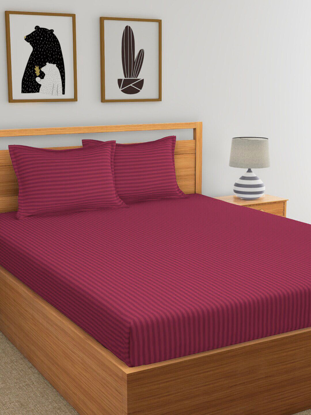 Florida Magenta Striped 300 TC King Bedsheet with 2 Pillow Covers Price in India