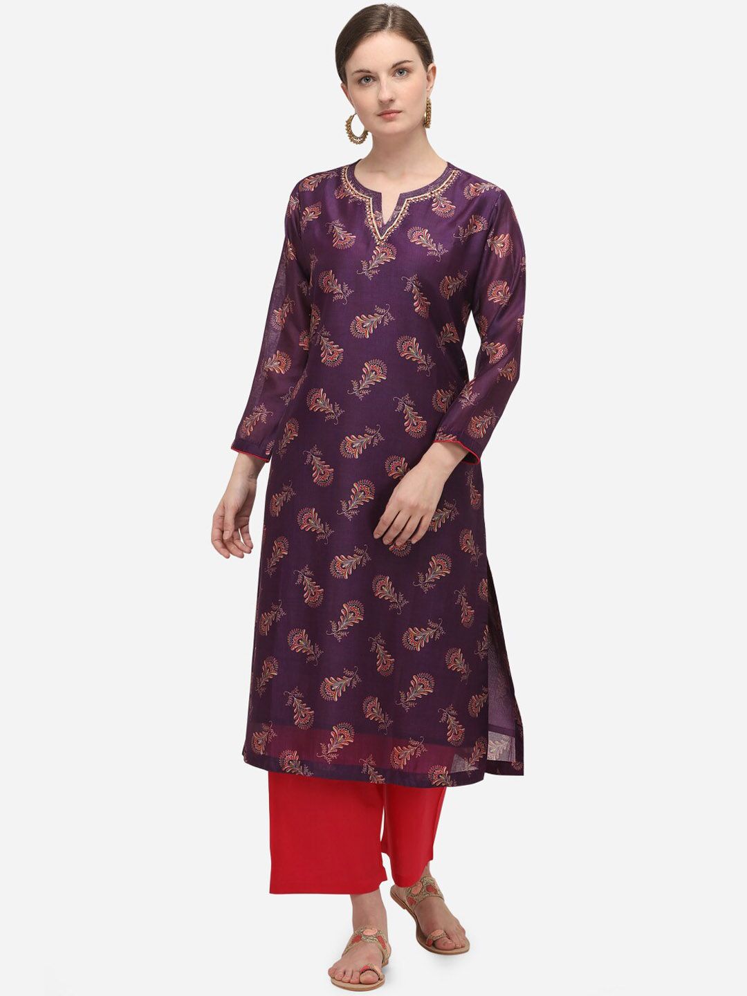 Seerat Women Purple Floral Printed Chanderi Silk Kurta with Palazzos