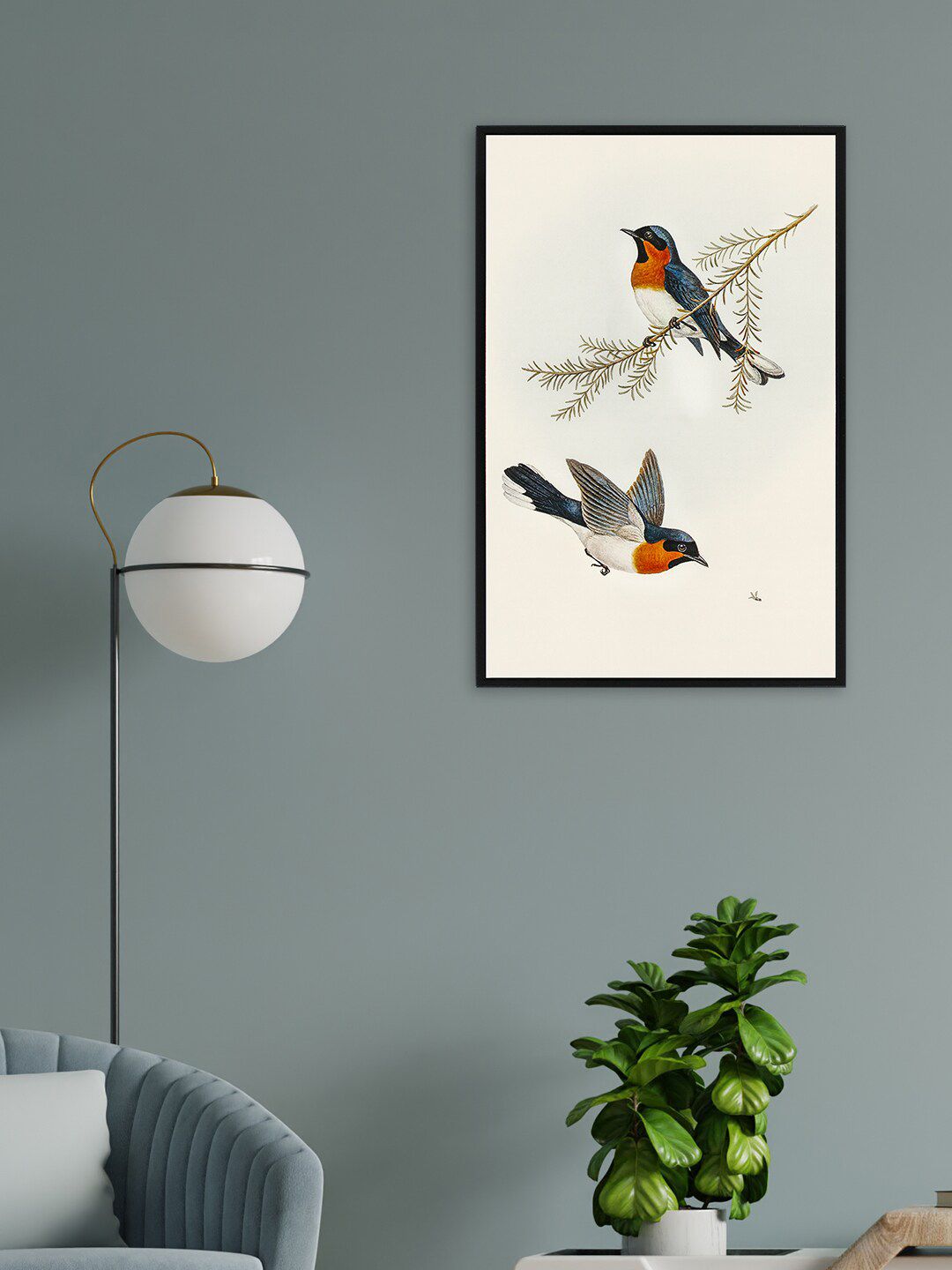 nest ART Orange & Blue Abstract Birds Painting Framed Wall Art Price in India