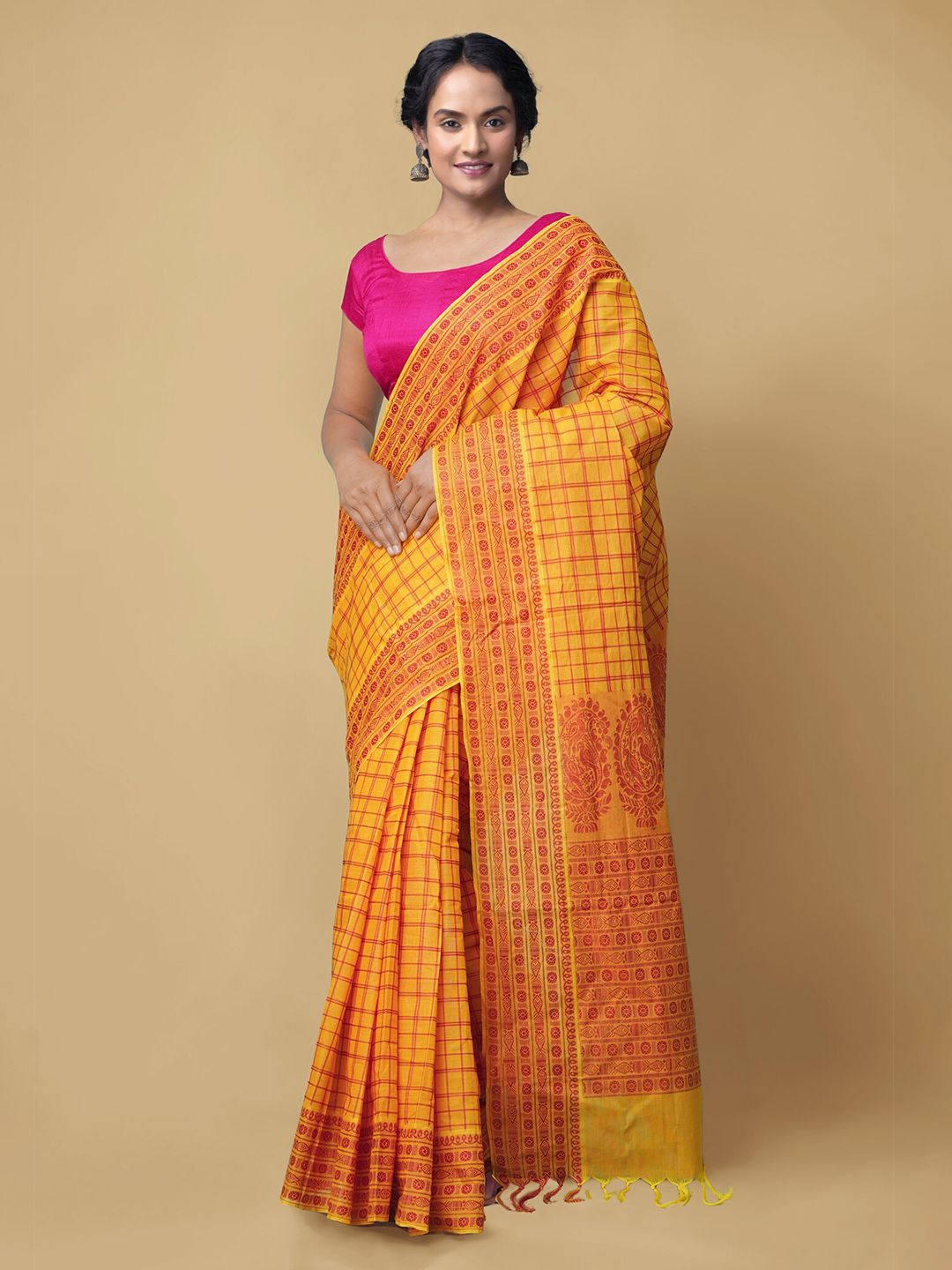 Unnati Silks Yellow Checked Pure Cotton Handloom Mysore Silk Saree