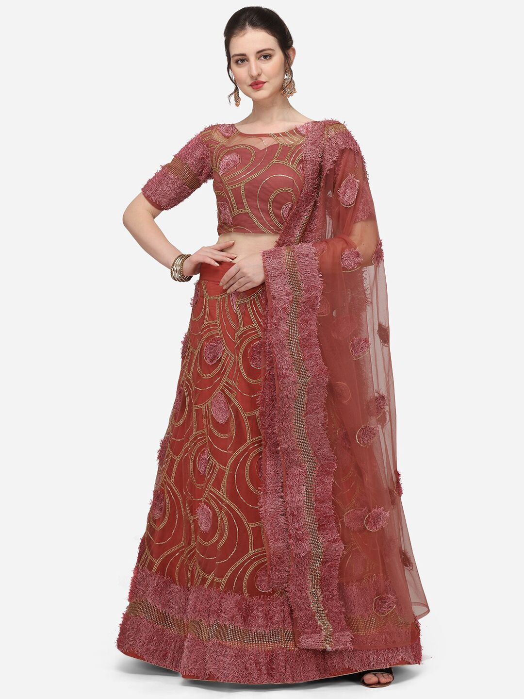 JATRIQQ Pink & Peach-Coloured Embellished Sequinned Semi-Stitched Lehenga & Unstitched Blouse With Dupatta