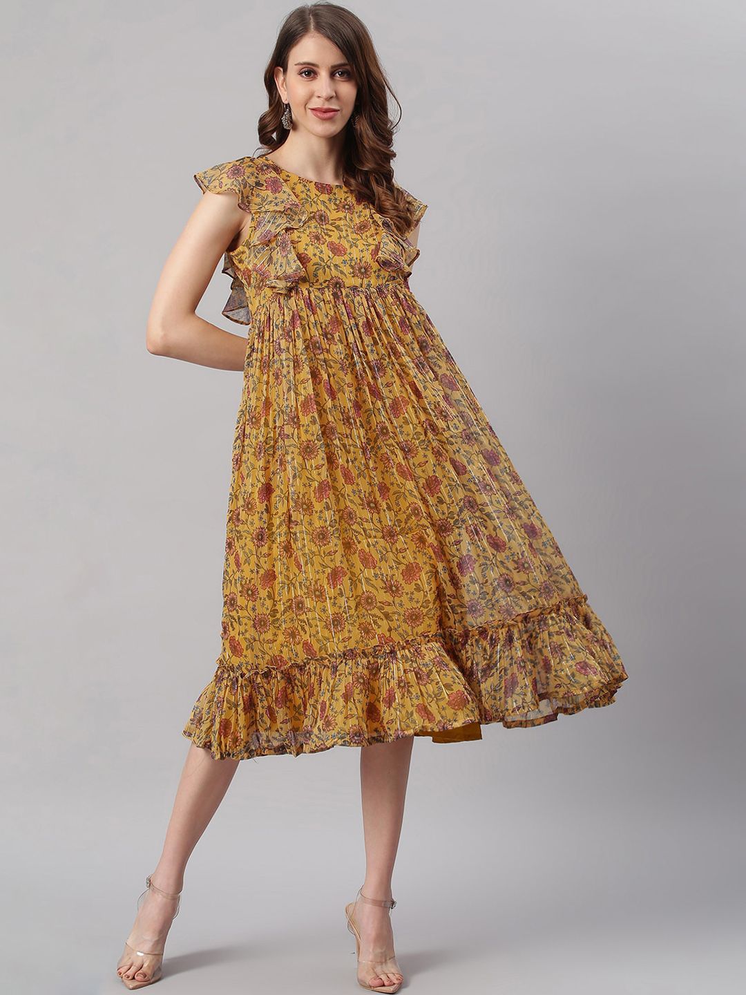 Janasya Mustard Yellow Floral Georgette Empire Midi Dress Price in India