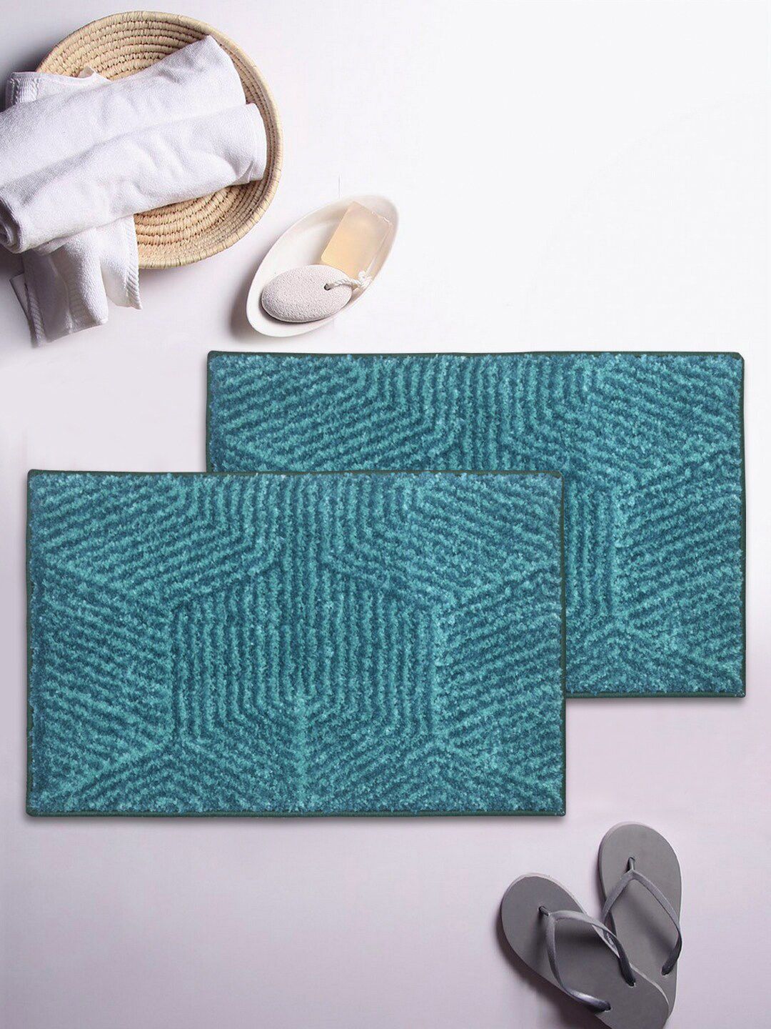 BIANCA Set Of 2 Teal-Green Patterned 1850 GSM Anti-Skid Bath Rugs Price in India