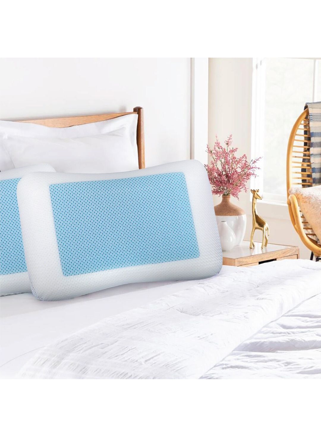 HomeTown White & Blue Textured Serenity Gel Memory Foam Mini Sleep Pillow Price in India