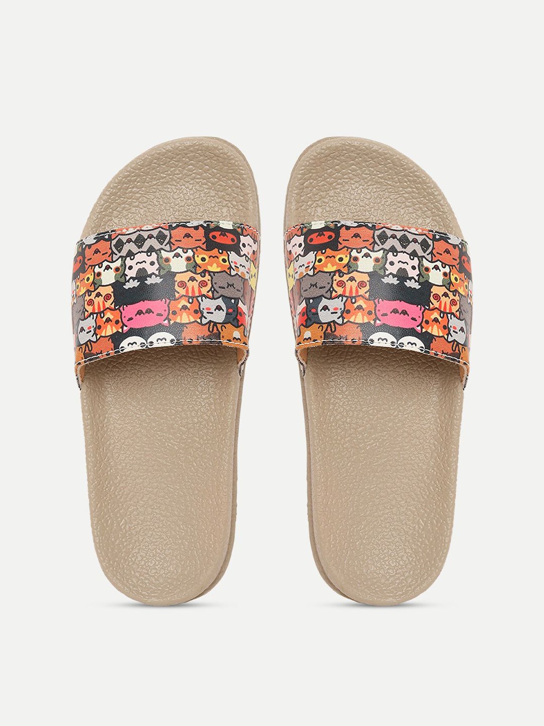 FREECO Women Brown & Orange Printed Sliders Price in India