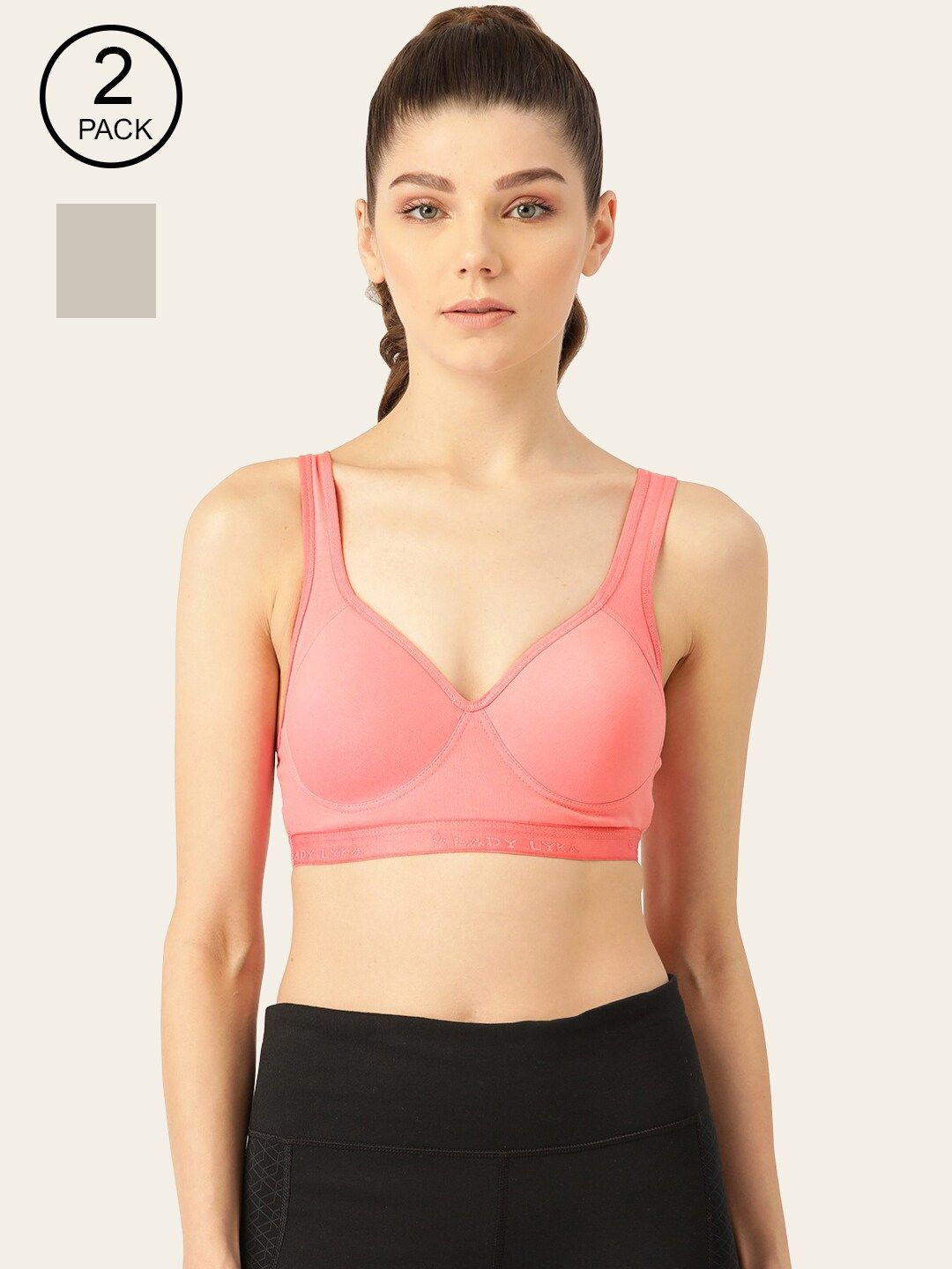 Lady Lyka Peach-Coloured & Grey Half Coverage Lightly Padded Workout Bra Price in India