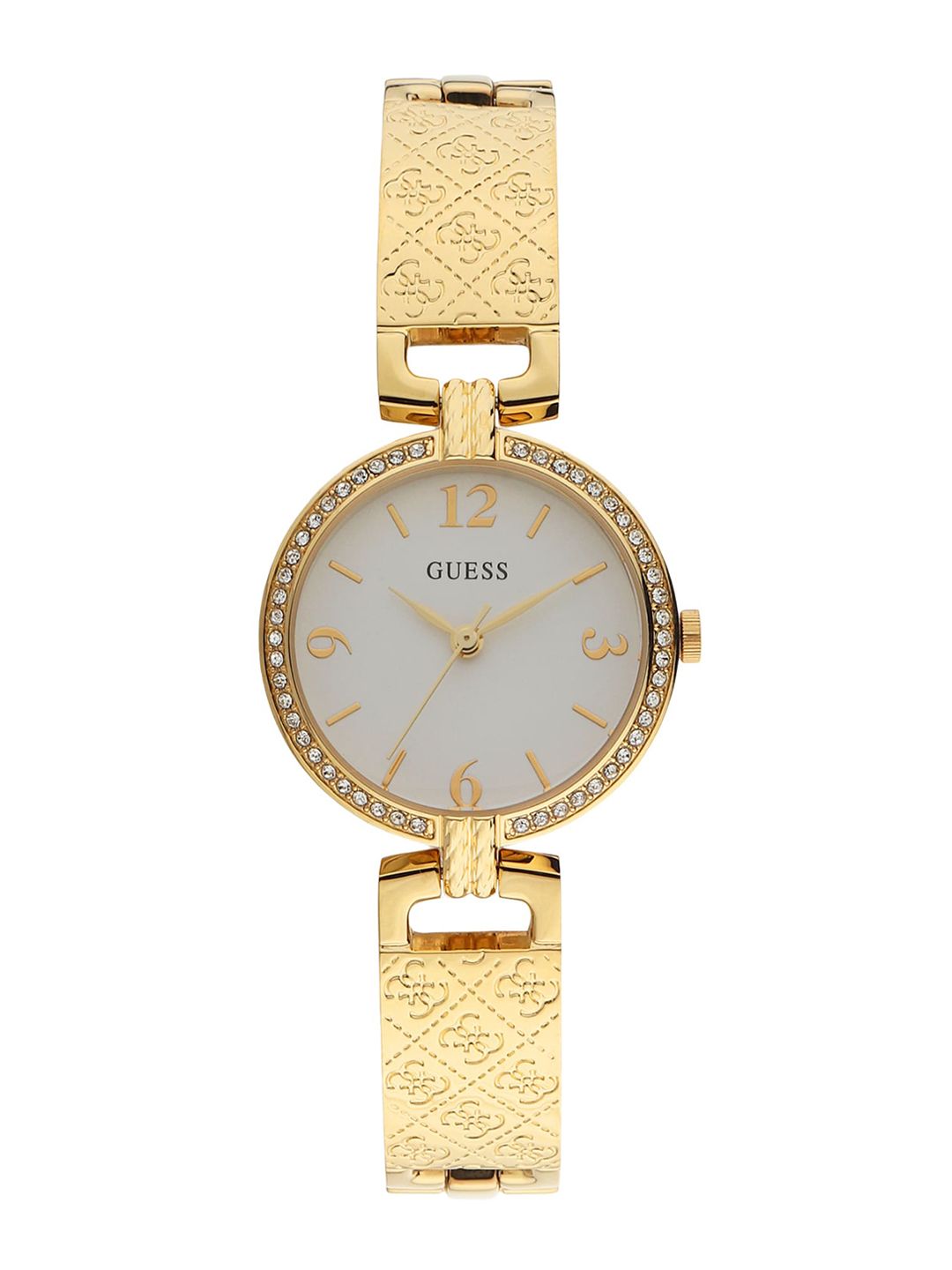 GUESS Women White Embellished Dial & Gold Toned Stainless Steel Bracelet Style Straps Analogue Watch Price in India