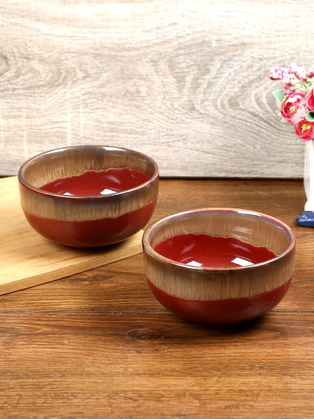 Aapno Rajasthan Red & Brown 2 Pieces Printed Ceramic Glossy Bowls Price in India