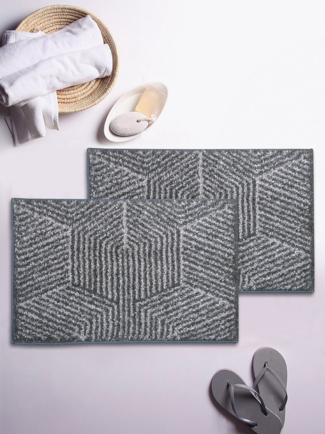 BIANCA Set Of 2 Grey Patterned 1850 GSM Anti-Skid Bath Rugs Price in India