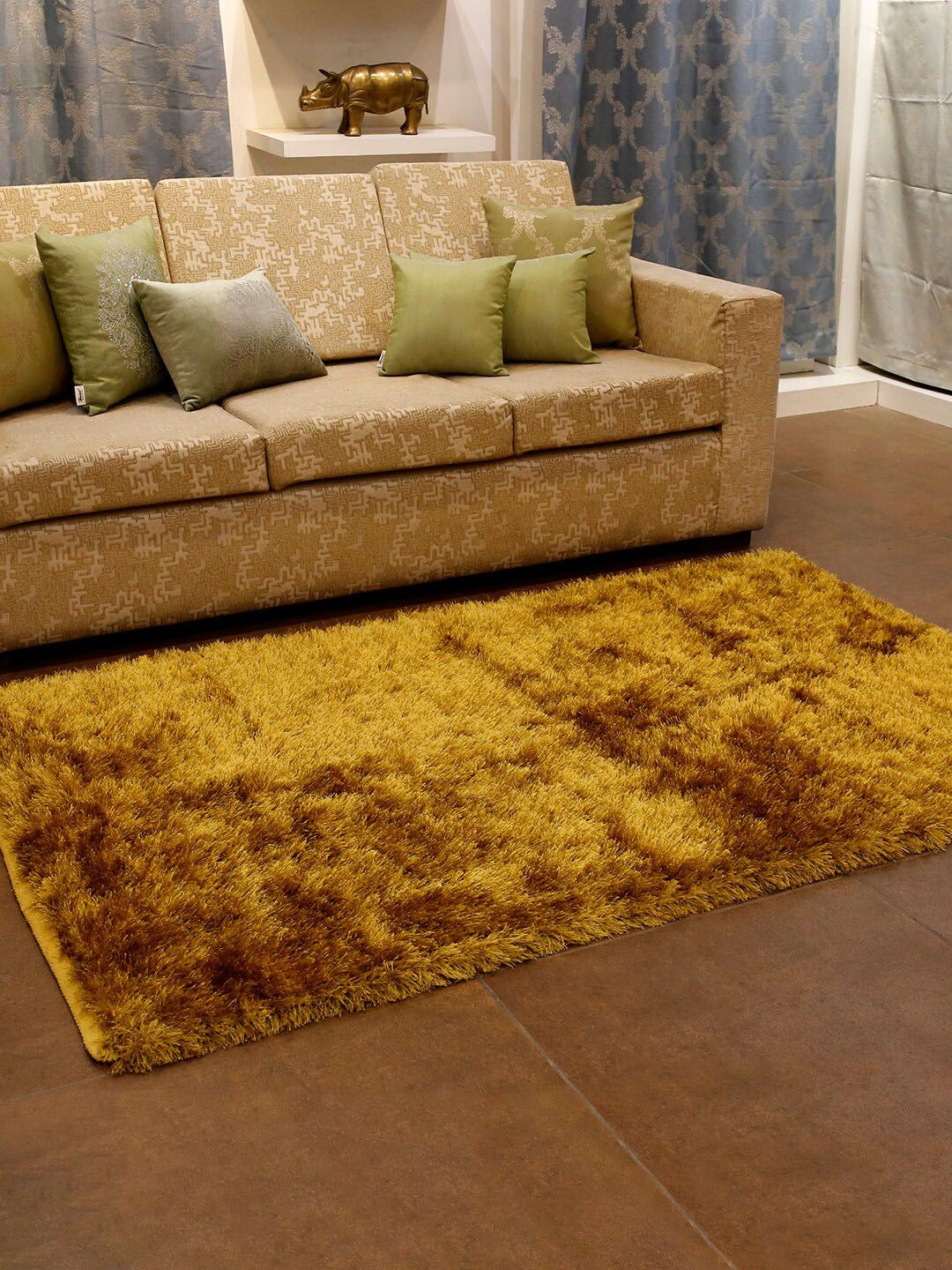 Home Gold-Coloured Solid Rectangular Shaggy Carpet Price in India
