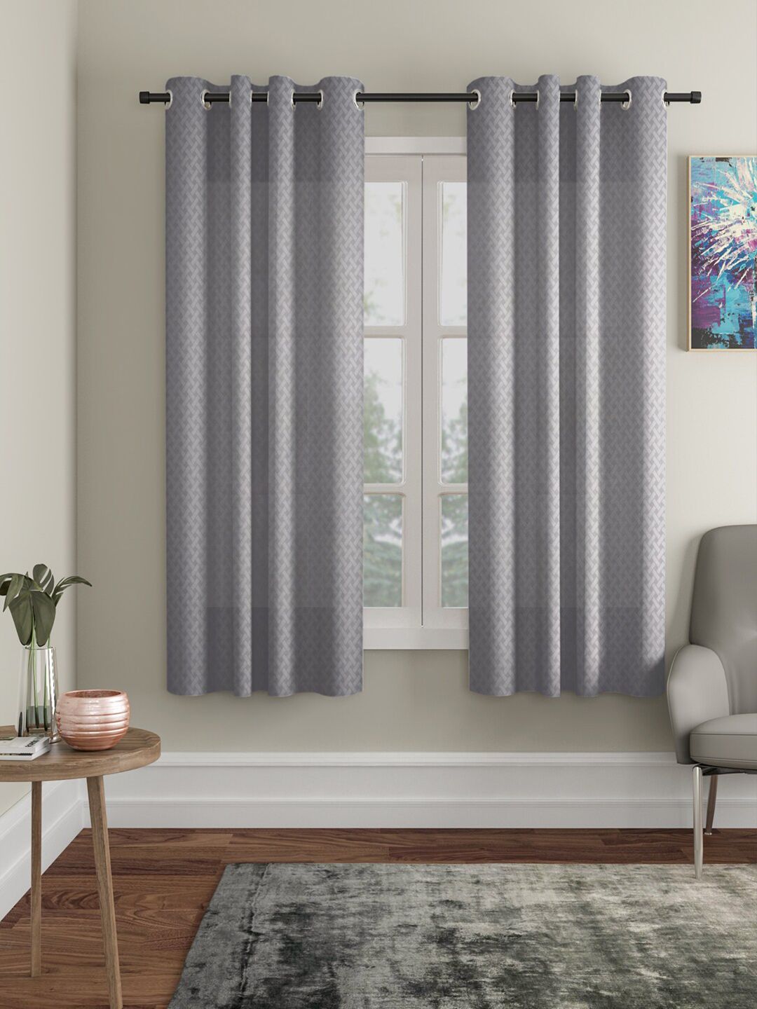 HOSTA HOMES Grey Set of 2 Geometric Window Curtain Price in India