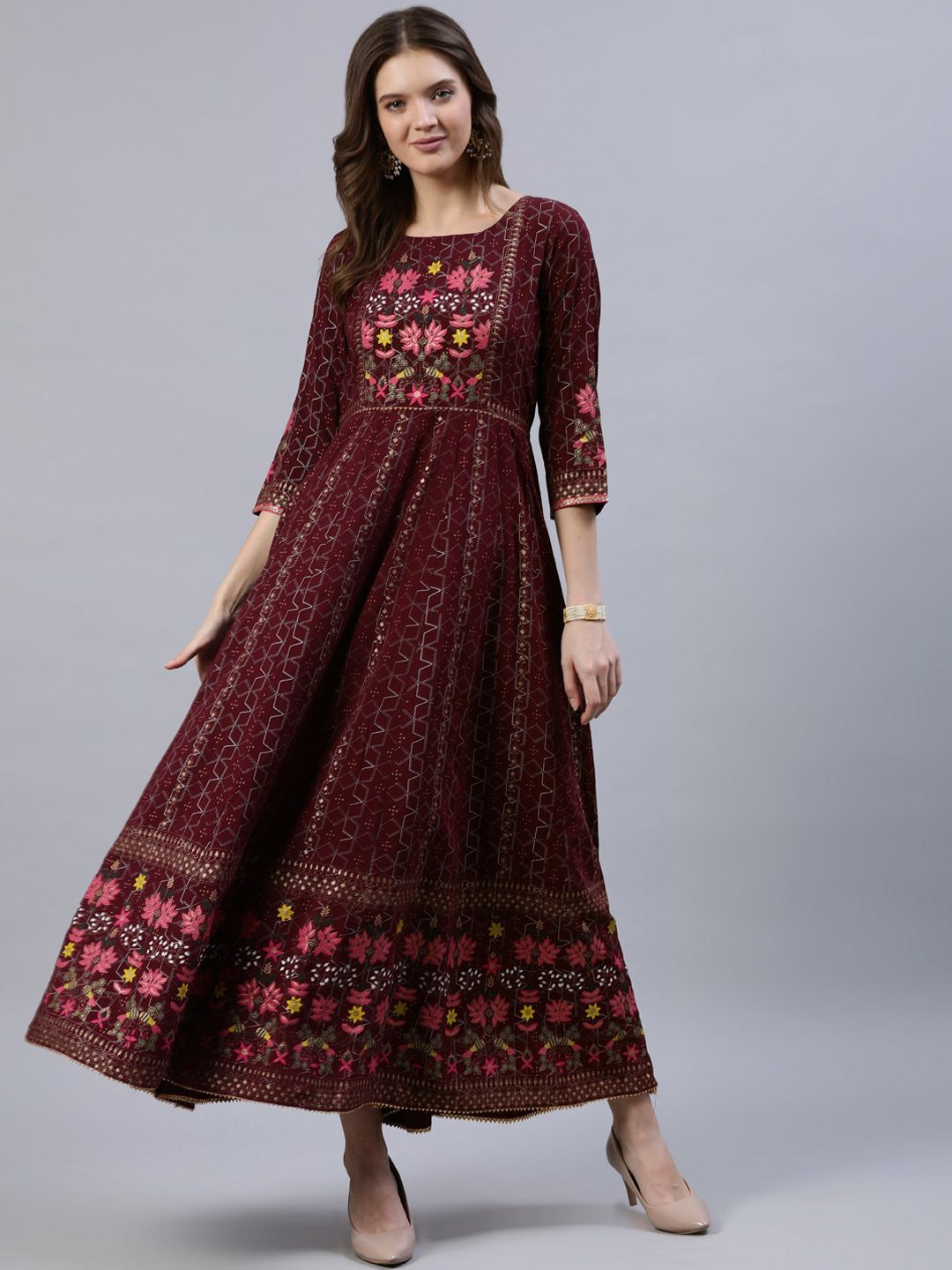 Jaipur Kurti Women Burgundy Floral Printed Keyhole Neck Anarkali Kurta Price in India