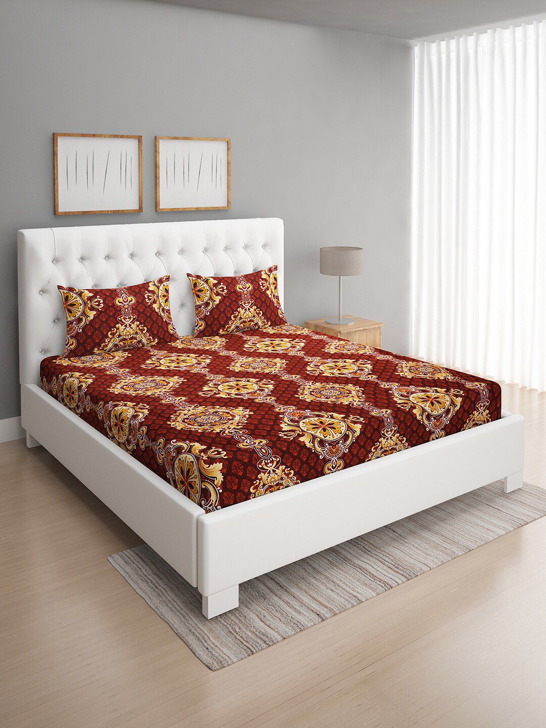 ROMEE Maroon & Yellow Ethnic Motifs 144 TC Cotton Queen Bedsheet with 2 Pillow Covers Price in India