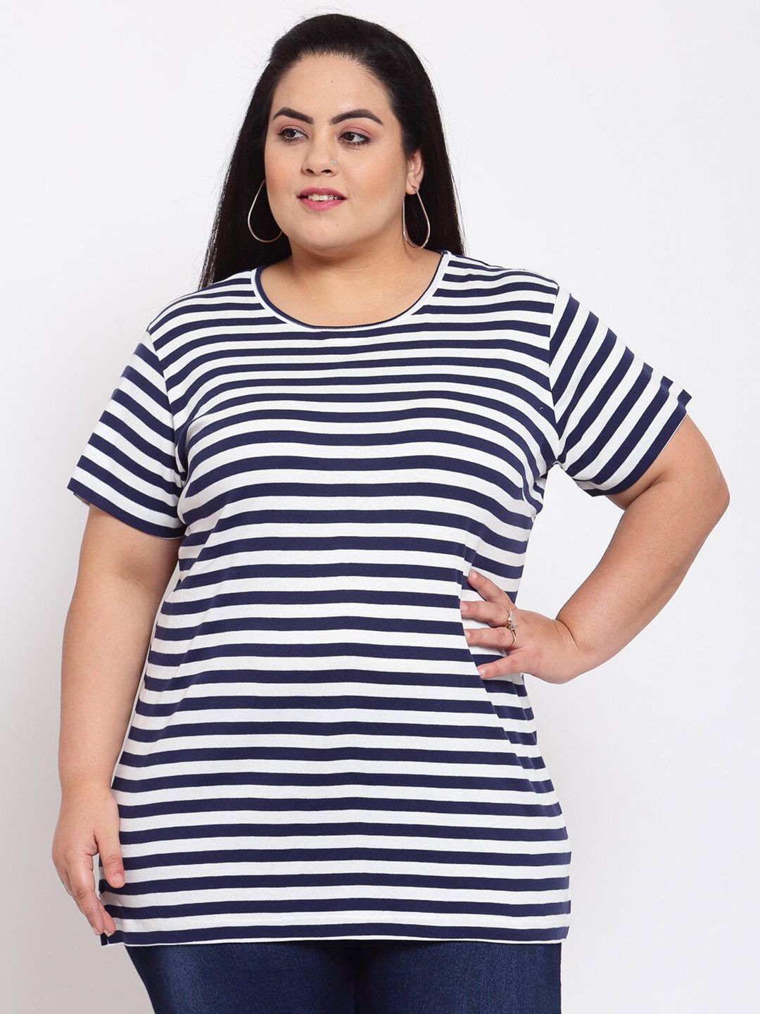 plusS Women Navy Blue & White Striped T-shirt