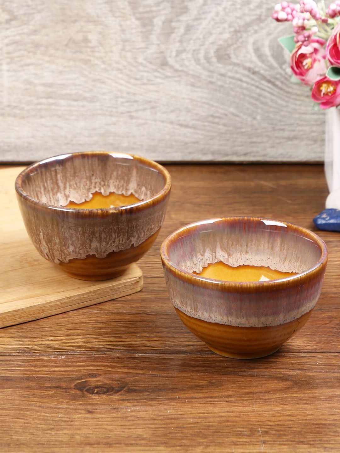 Aapno Rajasthan Mustard Yellow & Beige 2 Pieces Printed Ceramic Glossy Bowls Price in India