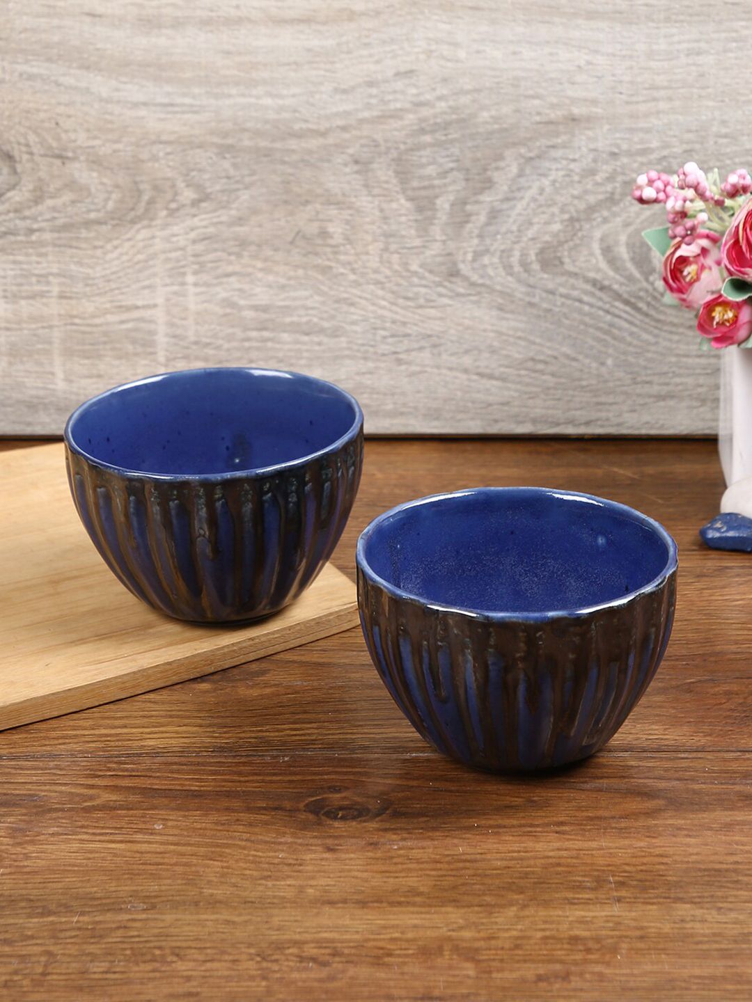 Aapno Rajasthan Blue & Grey 2 Pieces Textured Ceramic Glossy Bowls Price in India