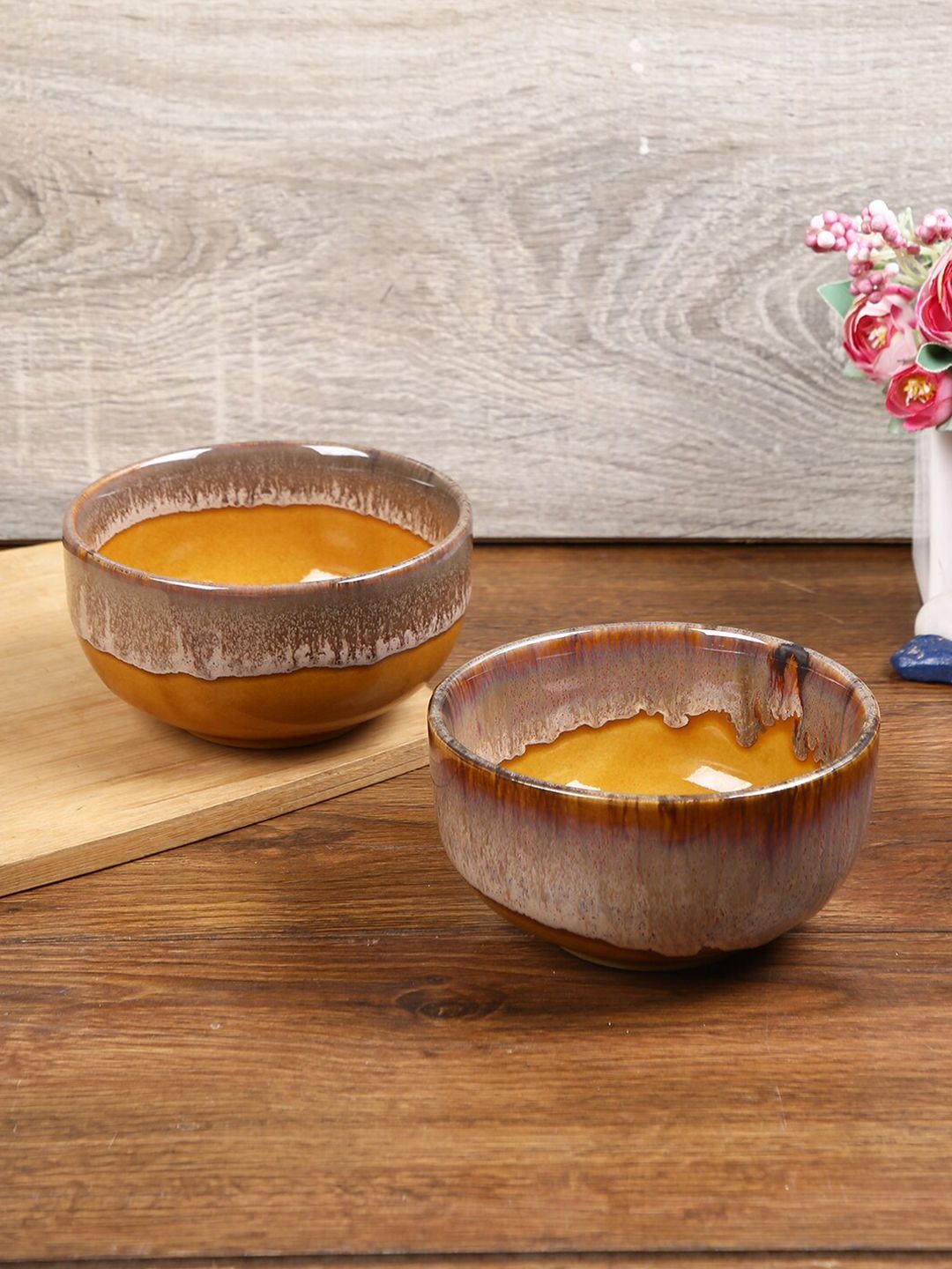 Aapno Rajasthan 2 Brown Pieces Printed Ceramic Glossy Bowls Price in India