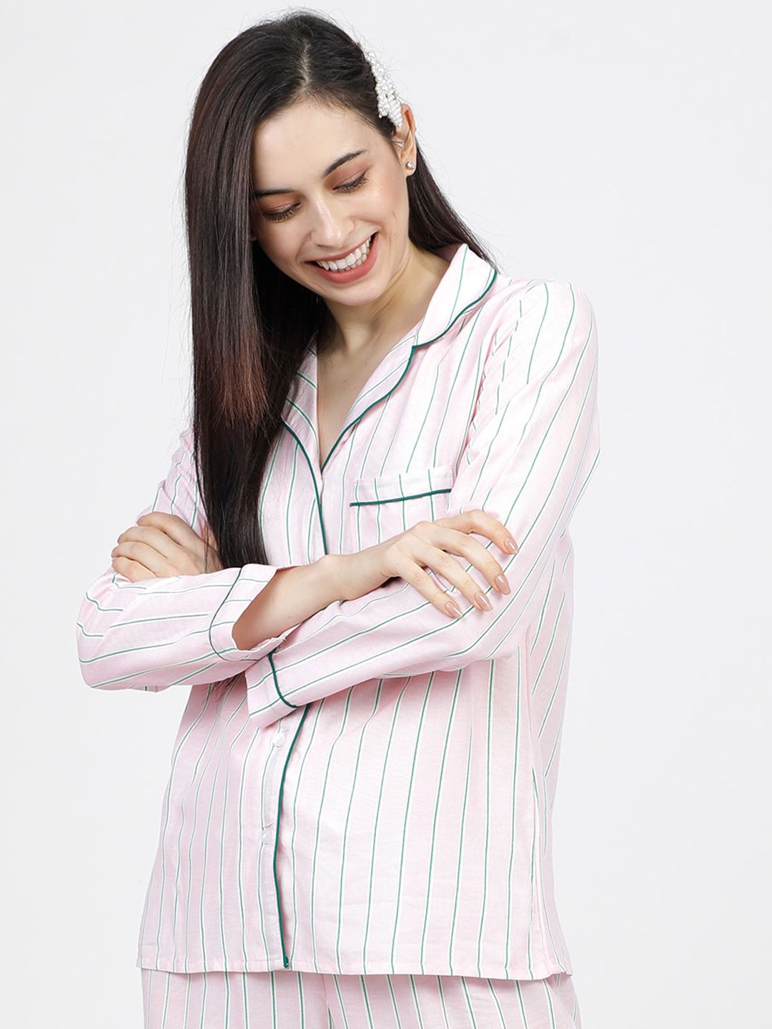 Tokyo Talkies Women Pink & Green Striped Sleep Shirt Price in India