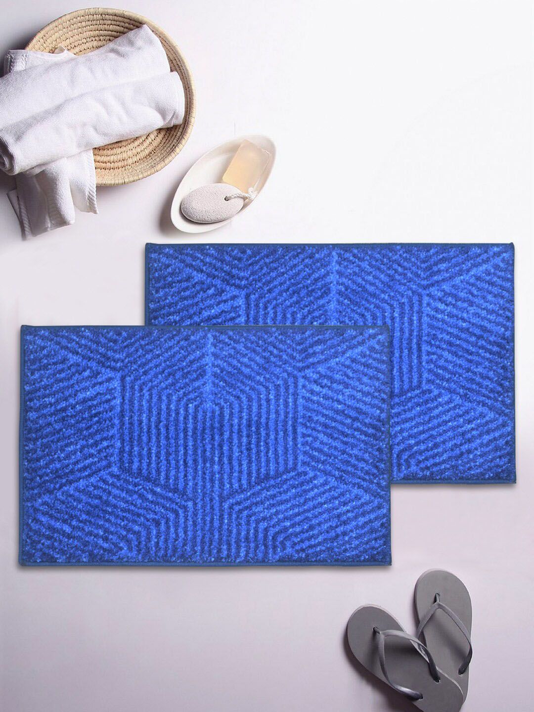 BIANCA Set Of 2 Blue Textured 1850 GSM Microfibre Anti-Skid Bath Rugs Price in India