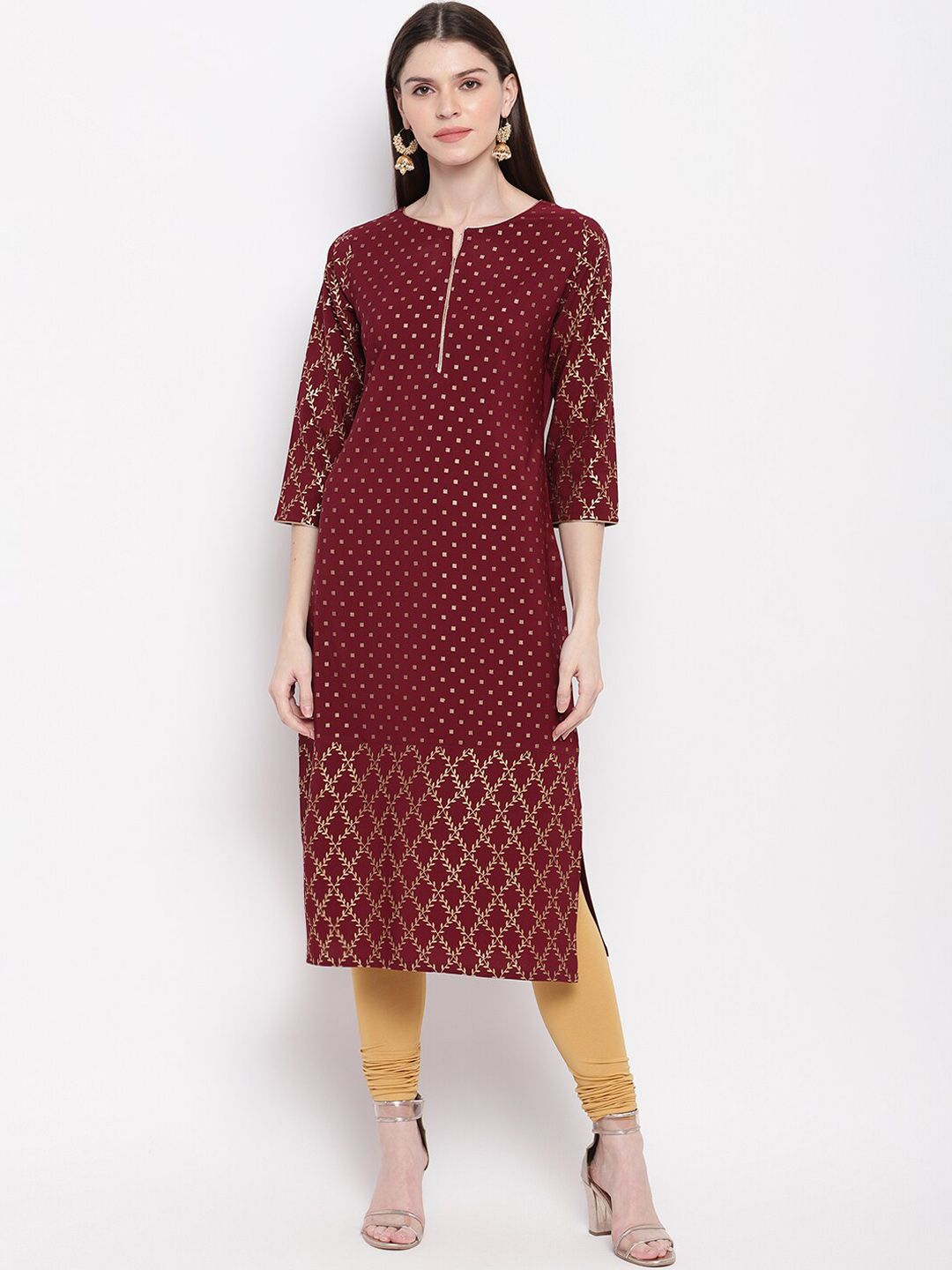 Janasya Women Maroon Ethnic Motifs Crepe Kurta