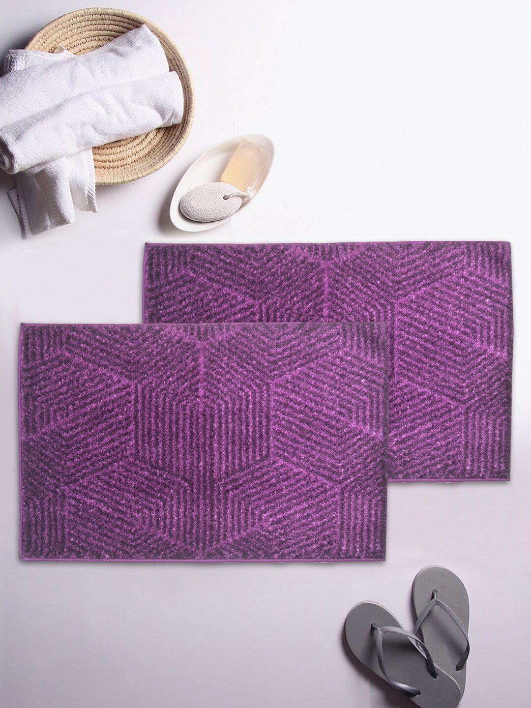 BIANCA Set Of 2 Purple Textured Microfibre Anti-Slip Bath Rugs Price in India