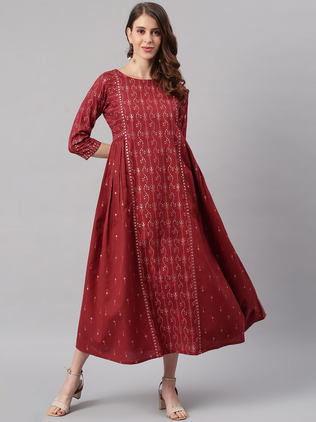 Janasya Maroon Ethnic Motifs Maxi Dress