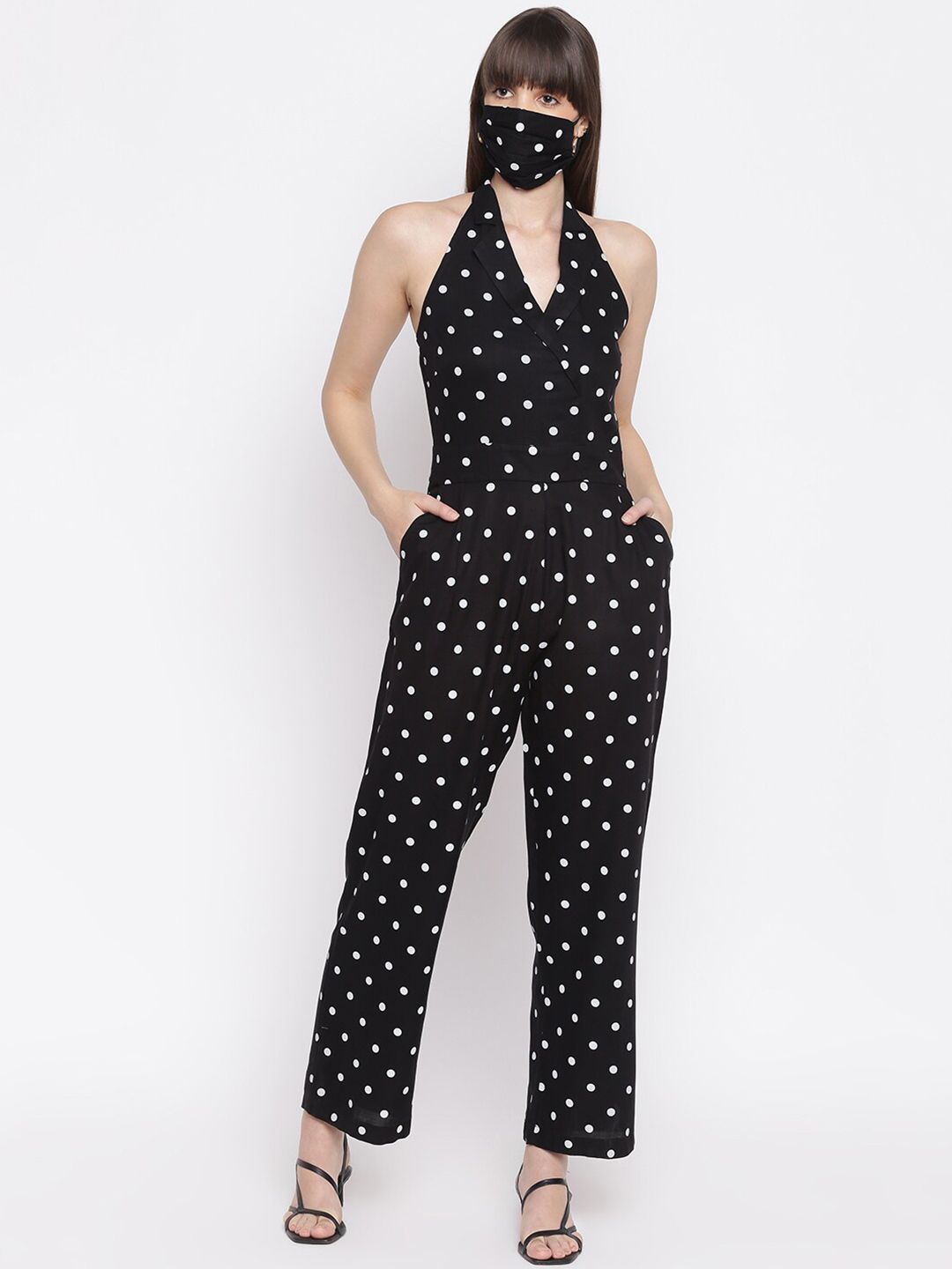 sandy AND ritz Black & White Halter Neck Printed Basic Jumpsuit Price in India