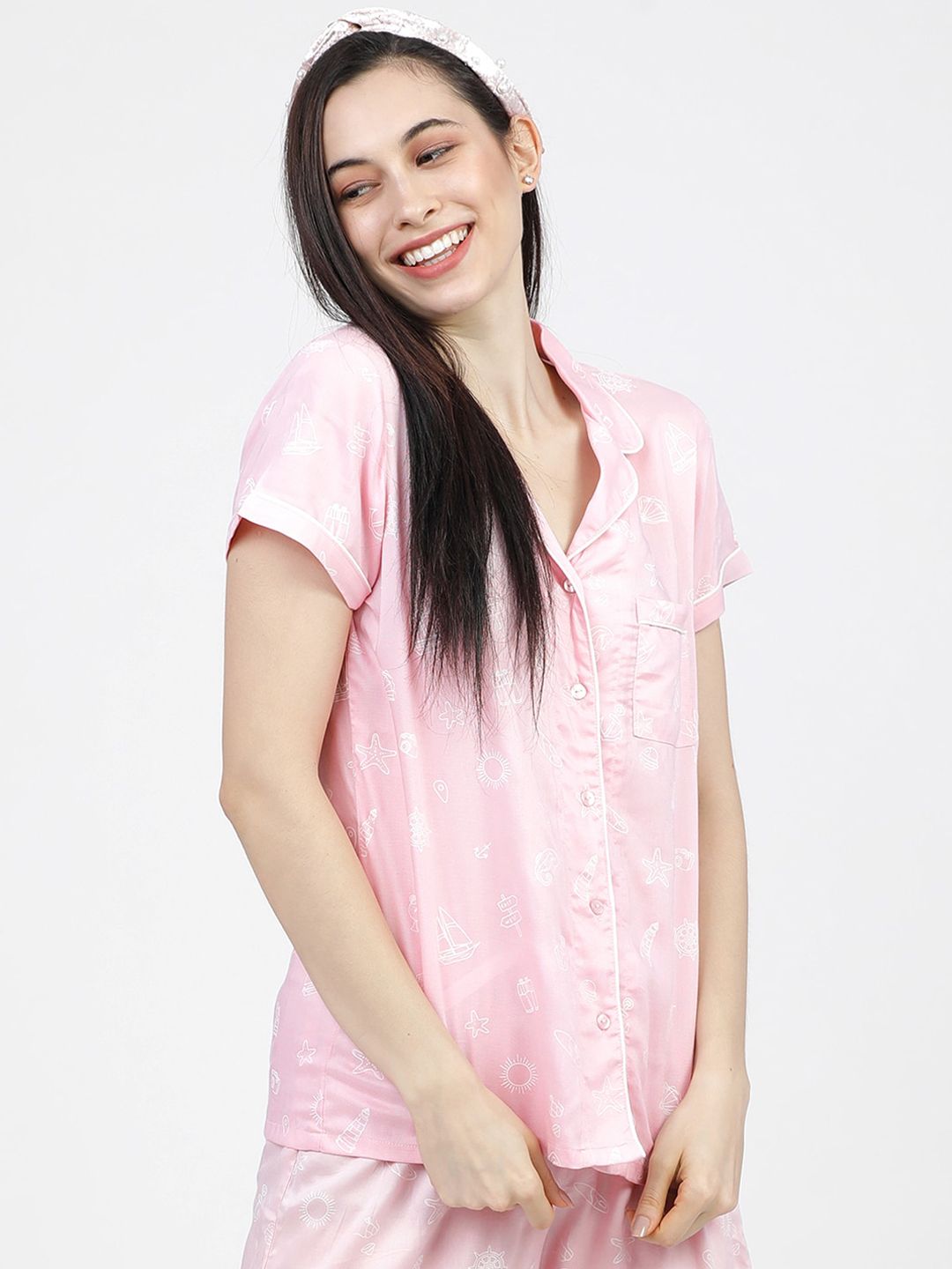 Tokyo Talkies Women Pink & White Printed Sleep Shirt Price in India