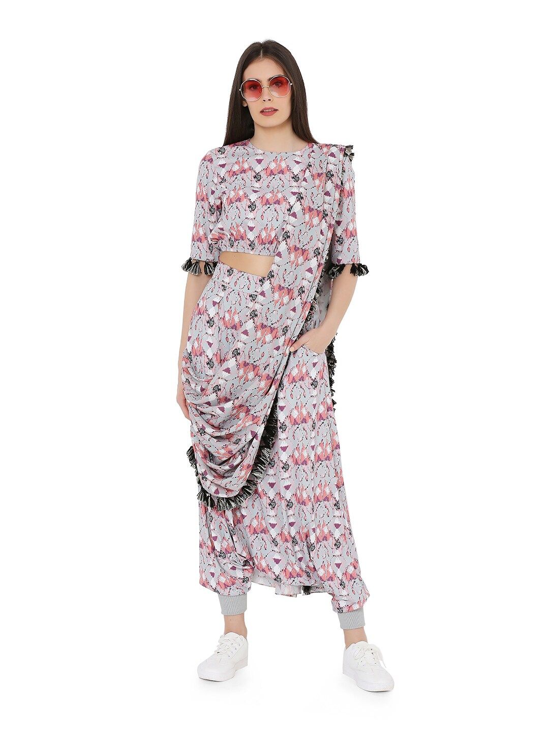 PS PRET BY PAYAL SINGHAL Women Grey & Peach-Coloured Printed Top with JoggerPants Price in India