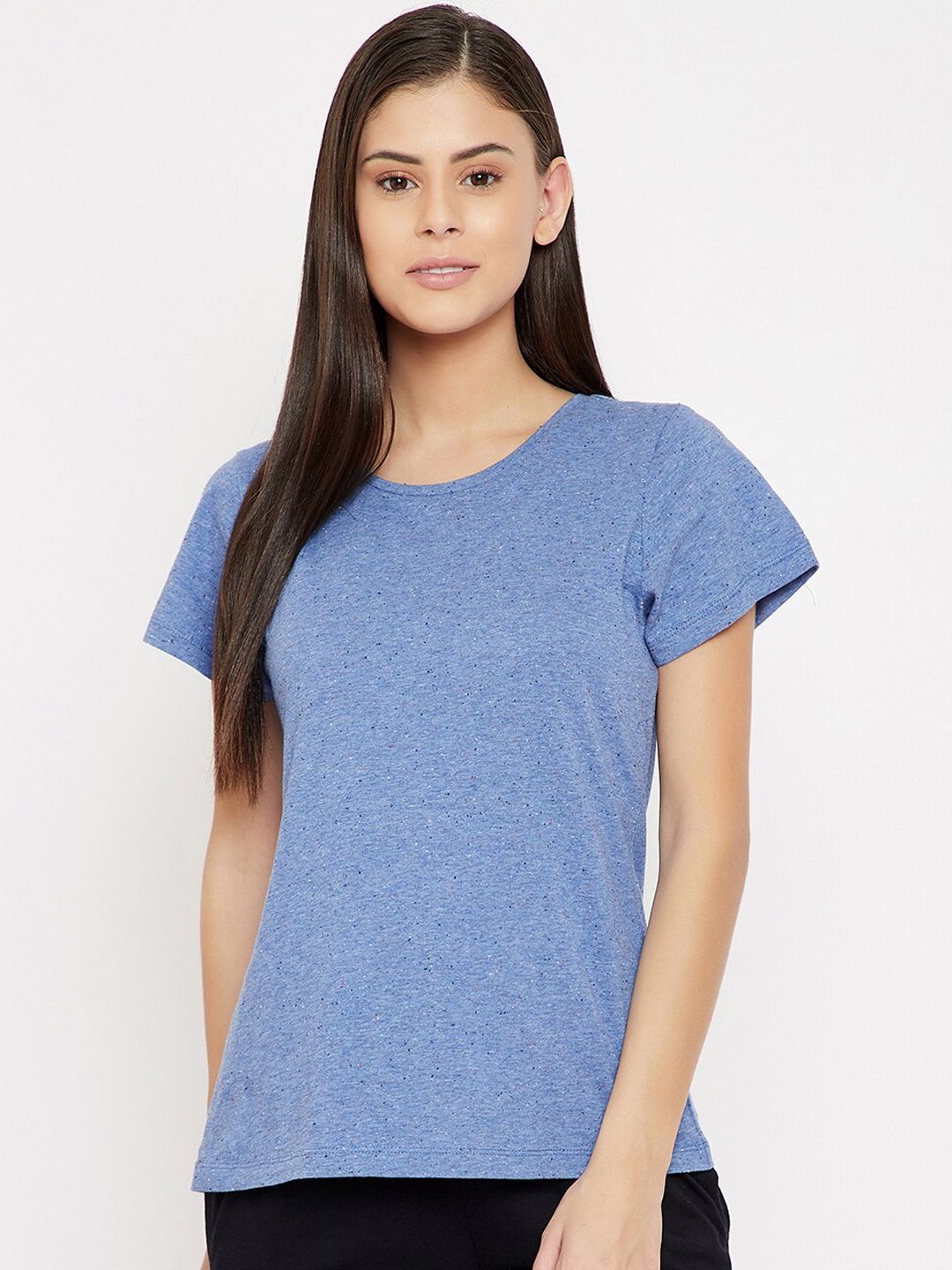 Clovia Women Blue Solid Cotton Lounge T-Shirt Price in India