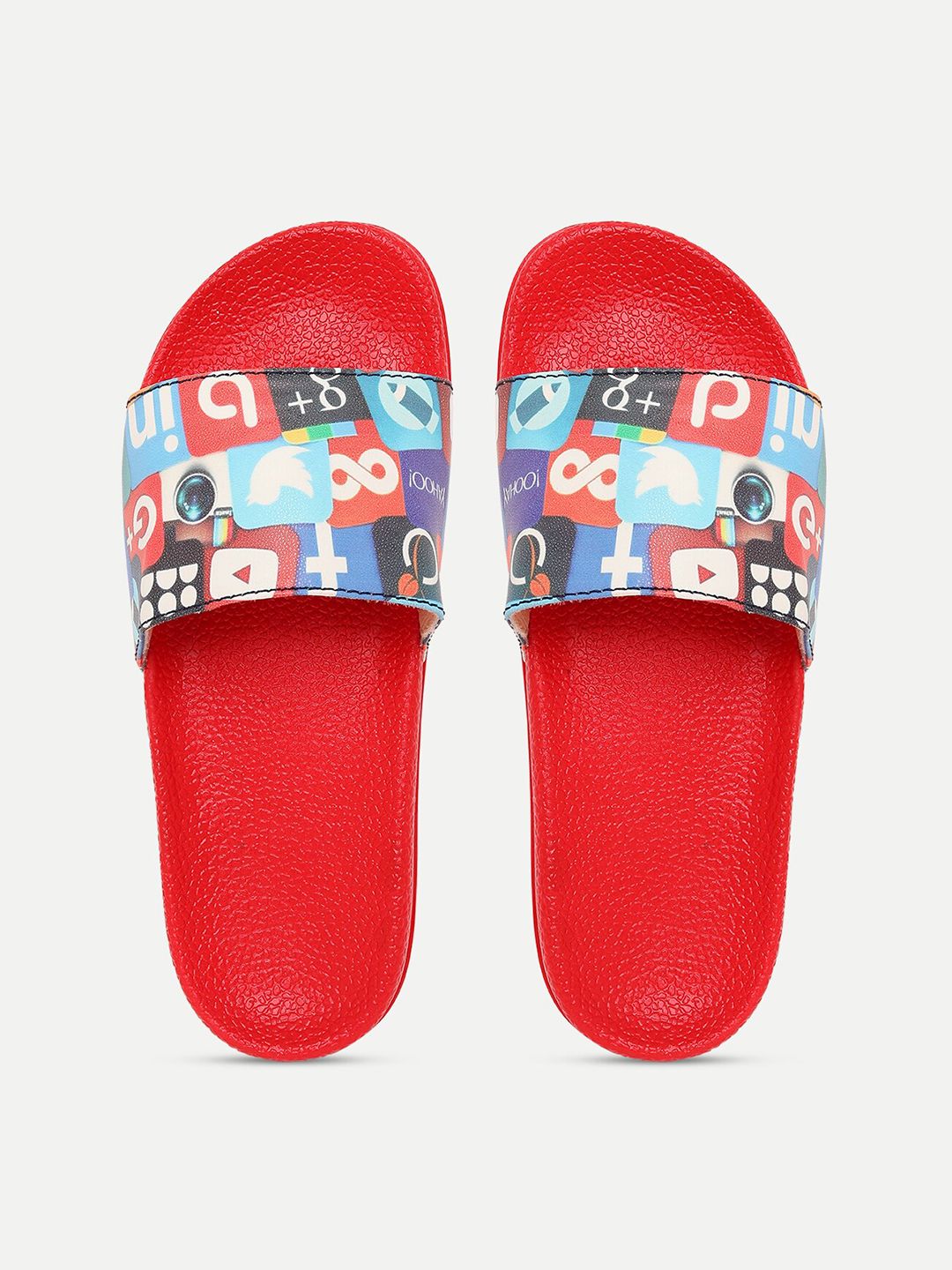 FREECO Women Red & Blue Printed Sliders Price in India