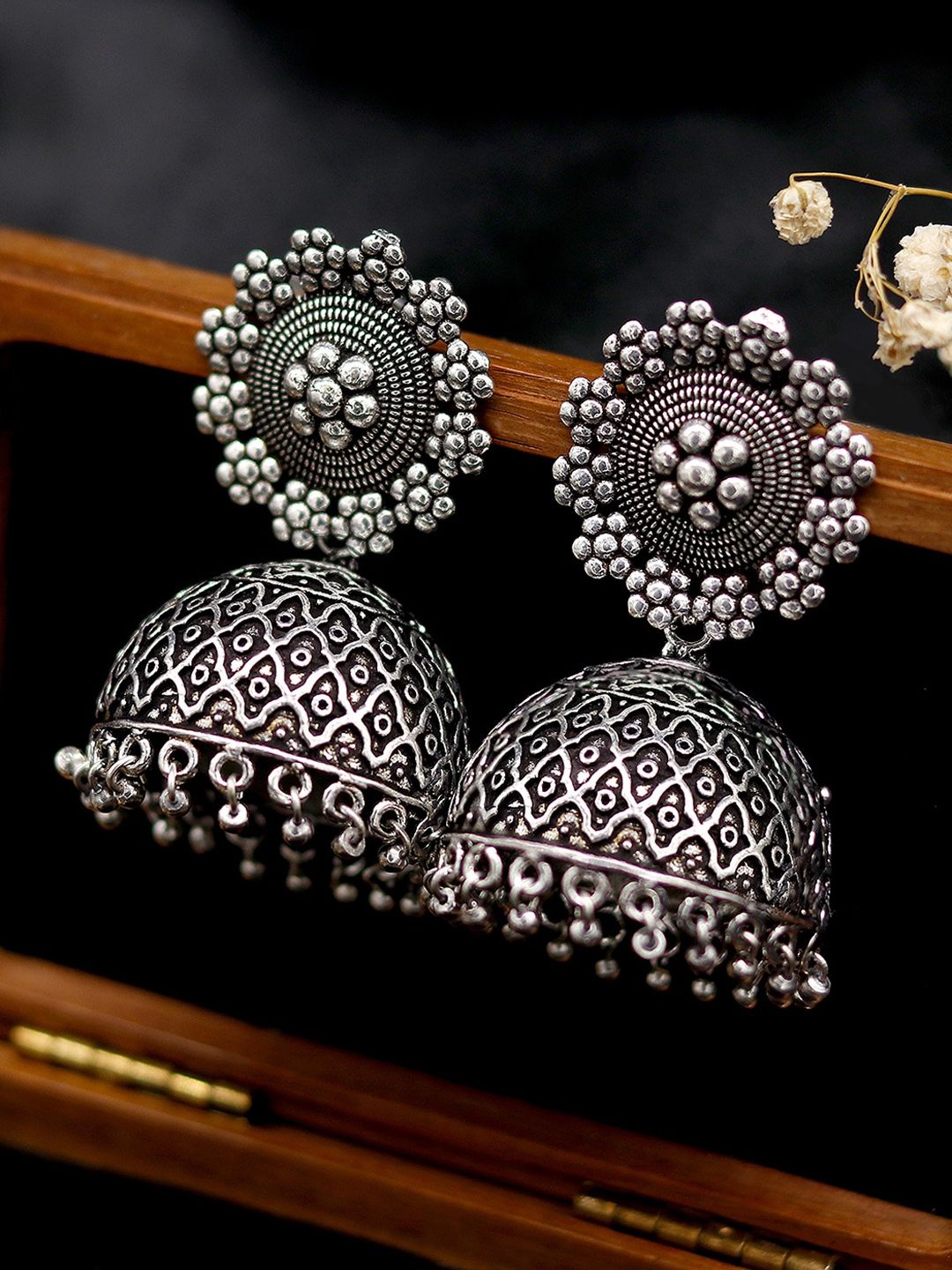 TEEJH Silver-Toned Dome Shaped Jhumkas Earrings Price in India
