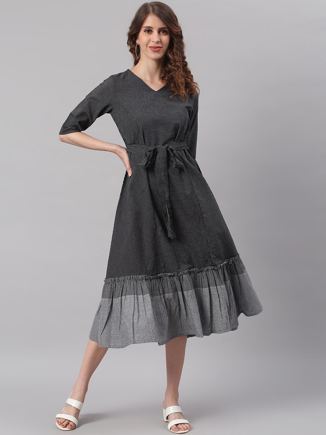 Janasya Black A-Line Midi Dress Price in India