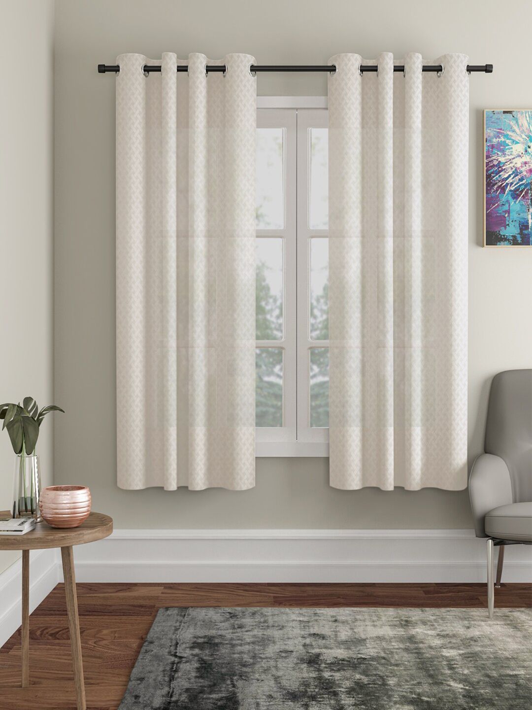 HOSTA HOMES Cream-Coloured Set of 2 Geometric Window Curtain Price in India